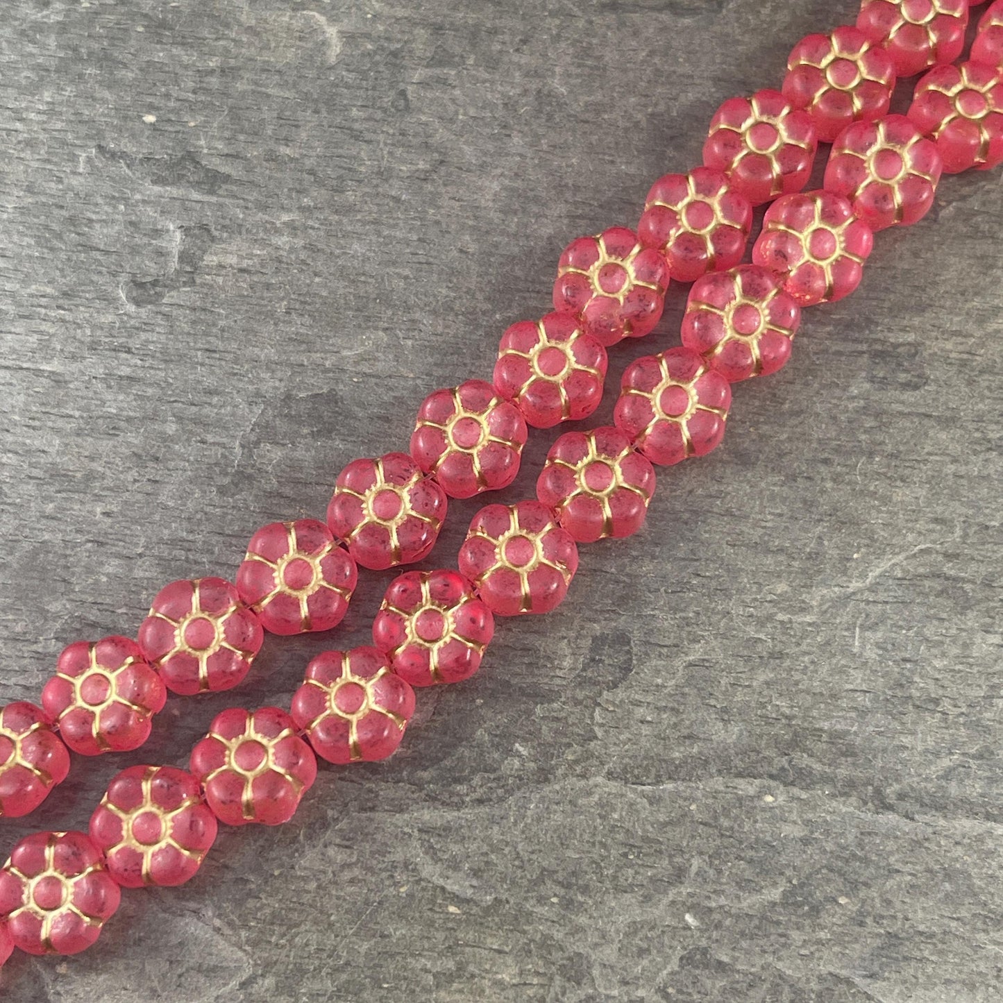 Czech Glass Flower Beads - 8.5mm Watermelon Red Flower Bead, Light Red with Gold Wash * Qty. 16