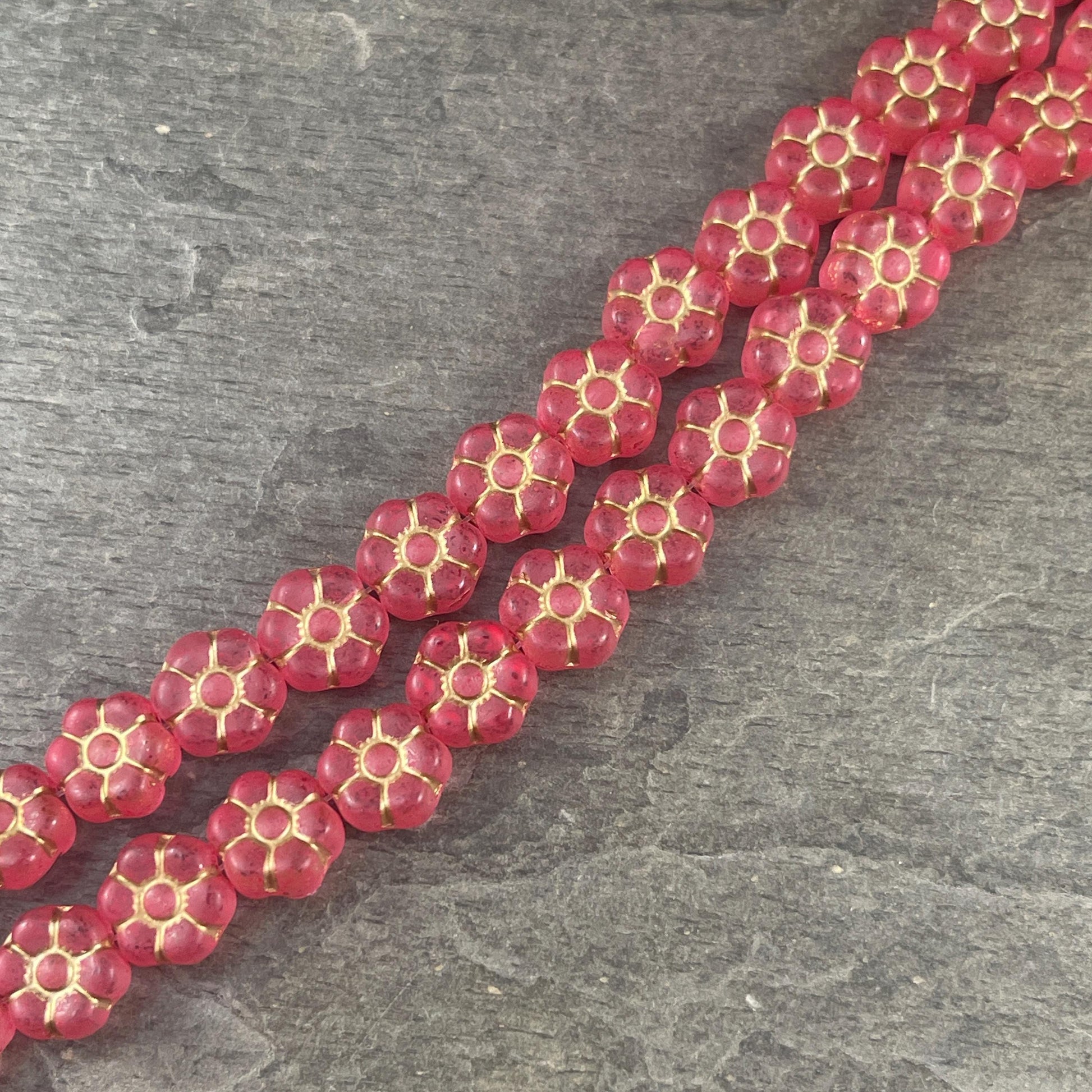 Czech Glass Flower Beads - 8.5mm Watermelon Red Flower Bead, Light Red with Gold Wash * Qty. 16