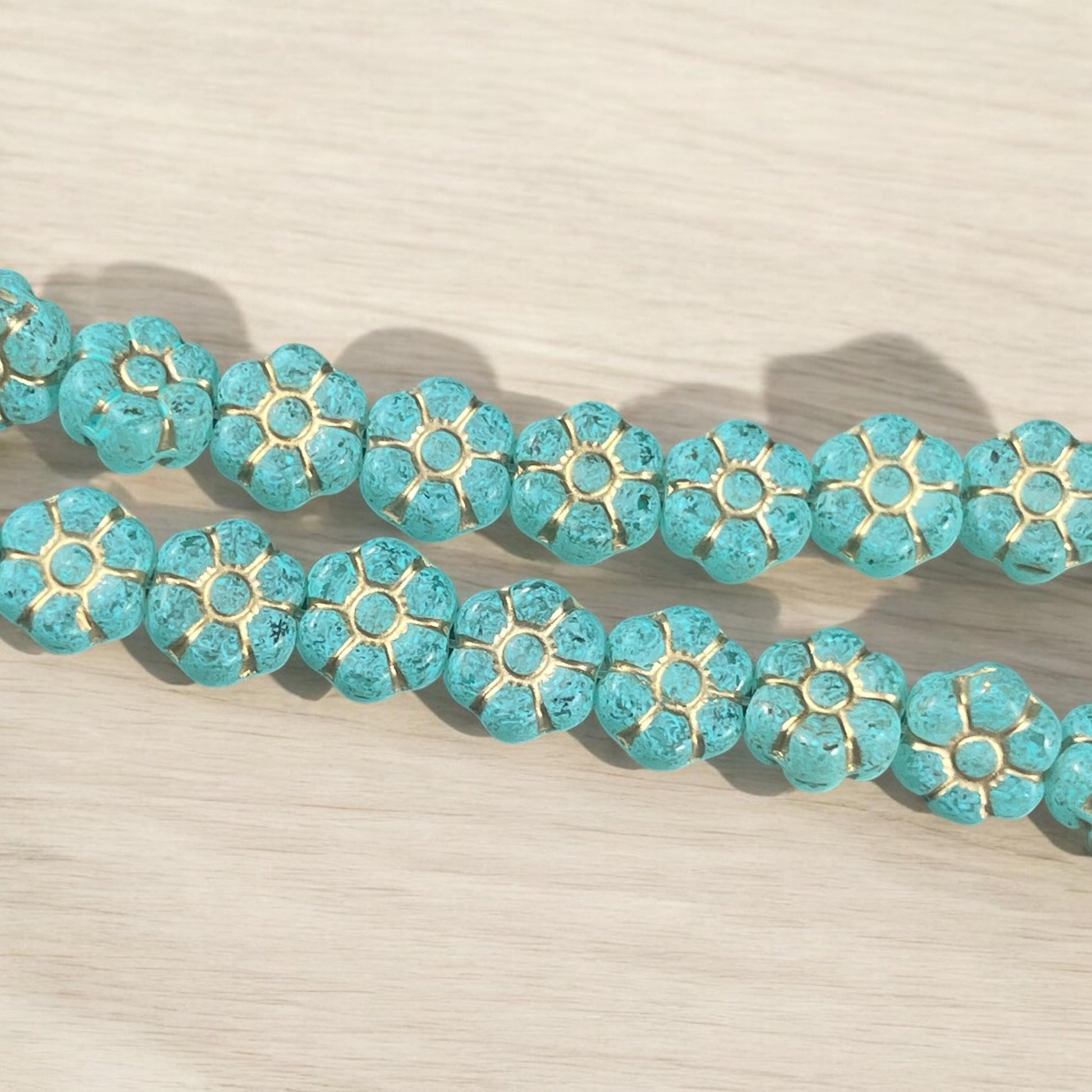 Czech Glass Beads - 8.5mm Aqua Green Flower with Gold Wash (PTB3) * Qty. 16