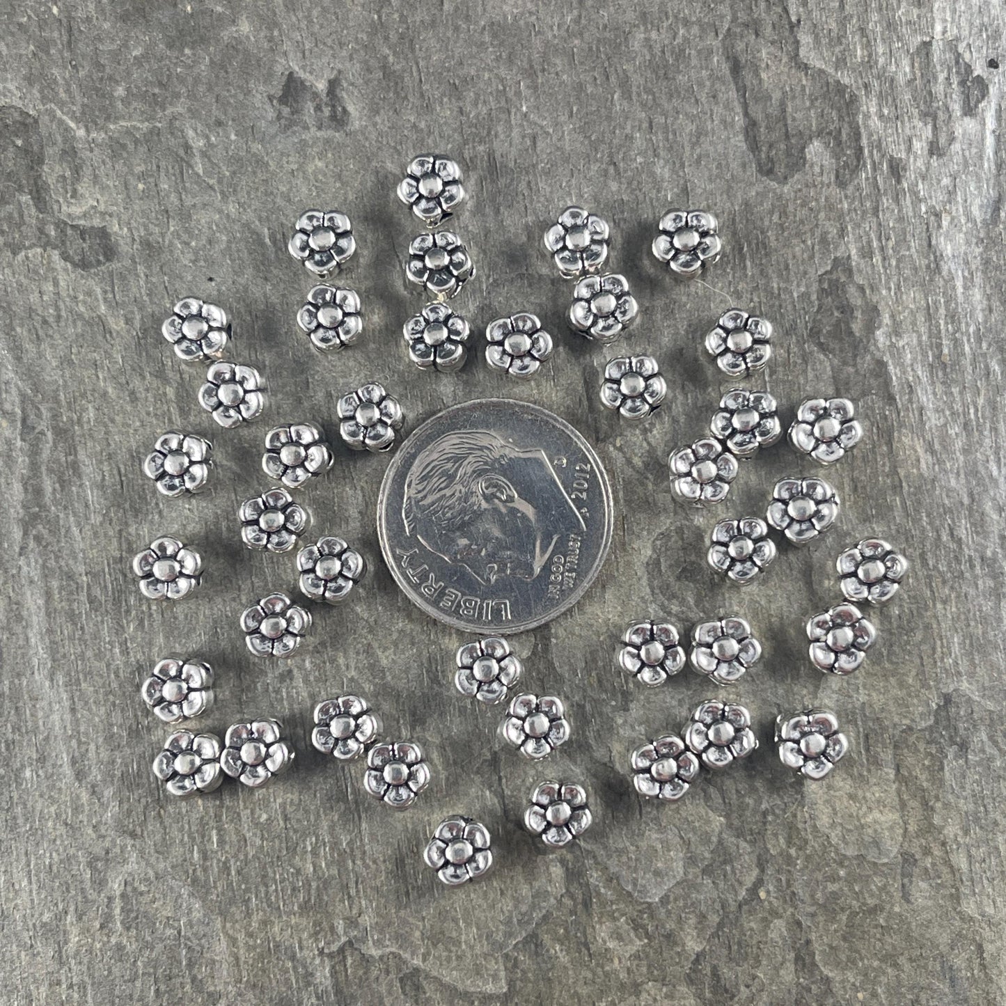 Antiqued Silver Flower Bead, Double Sided 5.25mm Metal Flower, Nature Theme Beads (O007-01) * Qty. 40