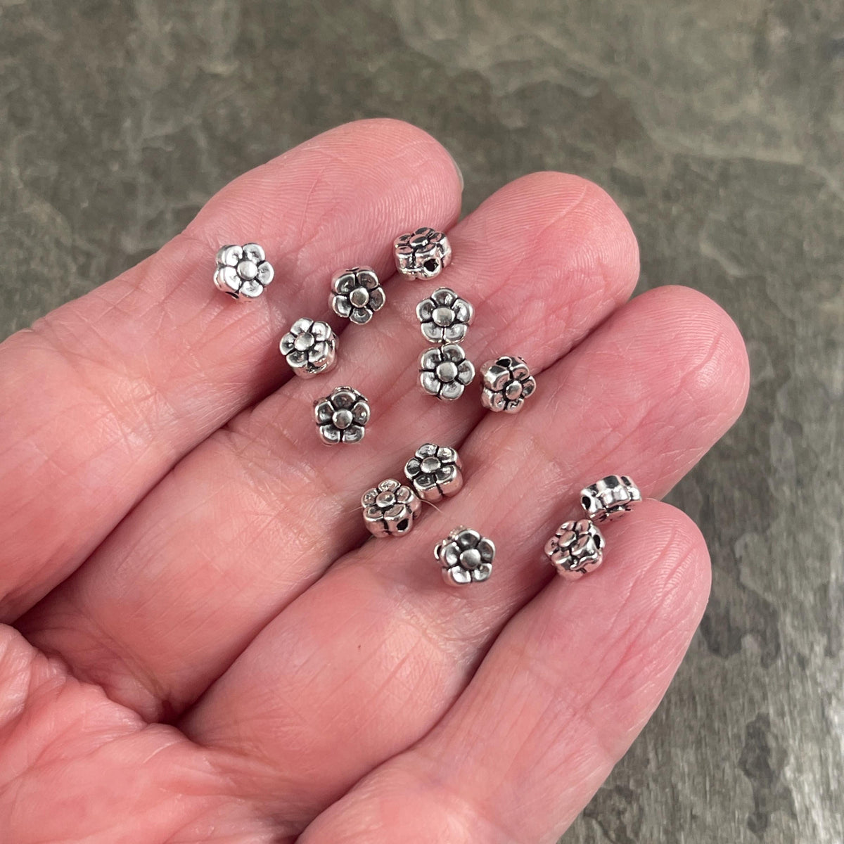 Antiqued Silver Flower Bead, Double Sided 5.25mm Metal Flower, Nature Theme Beads (O007-01) * Qty. 40