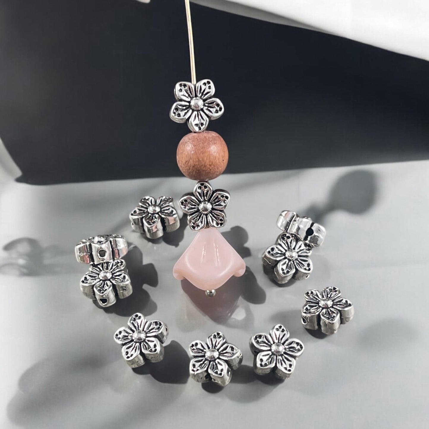 Antiqued Silver Flower Bead, Double Sided 8.5mm Metal Flower, Nature Theme Beads (N005-071) * Qty. 30