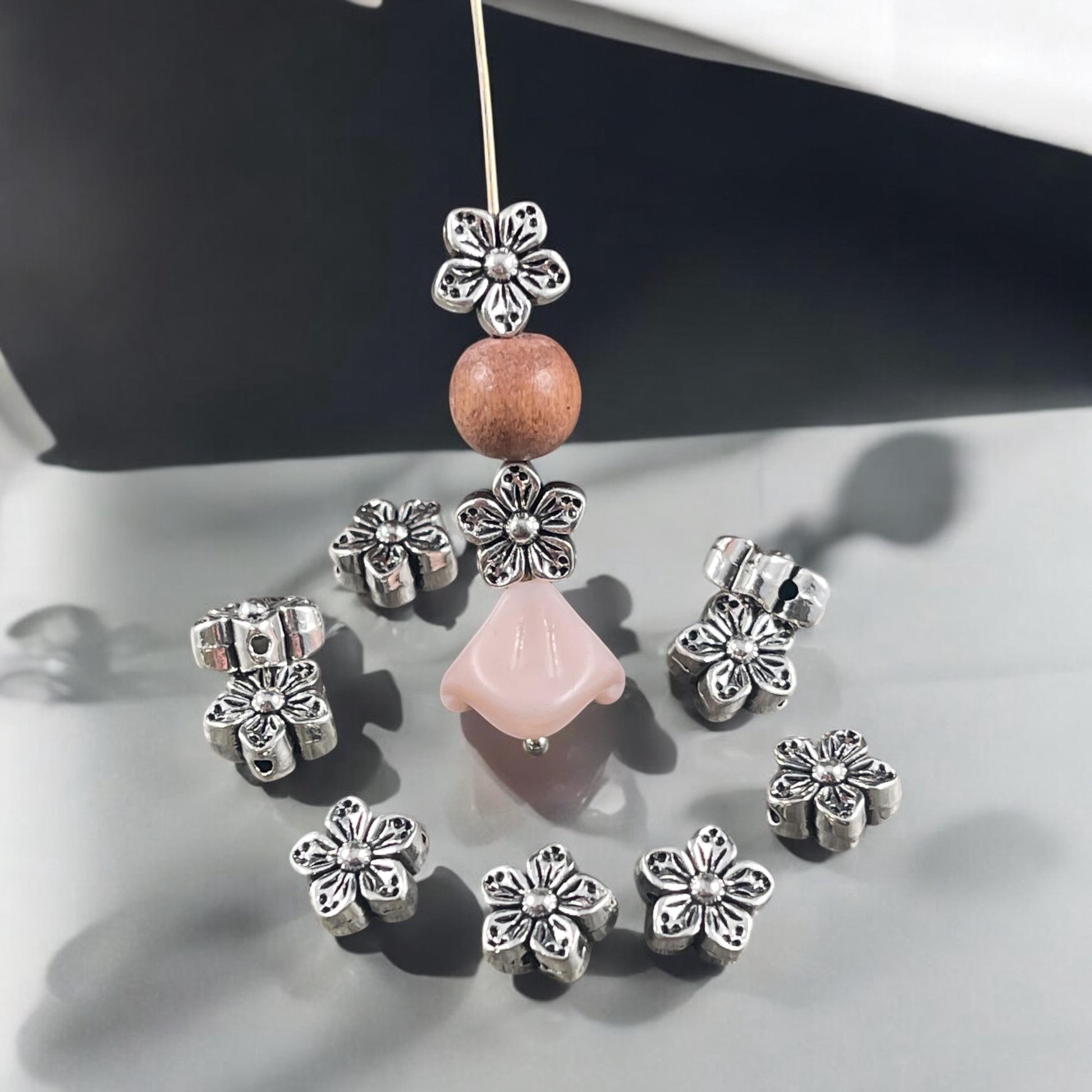 Antiqued Silver Flower Bead, Double Sided 8.5mm Metal Flower, Nature Theme Beads (N005-071) * Qty. 30