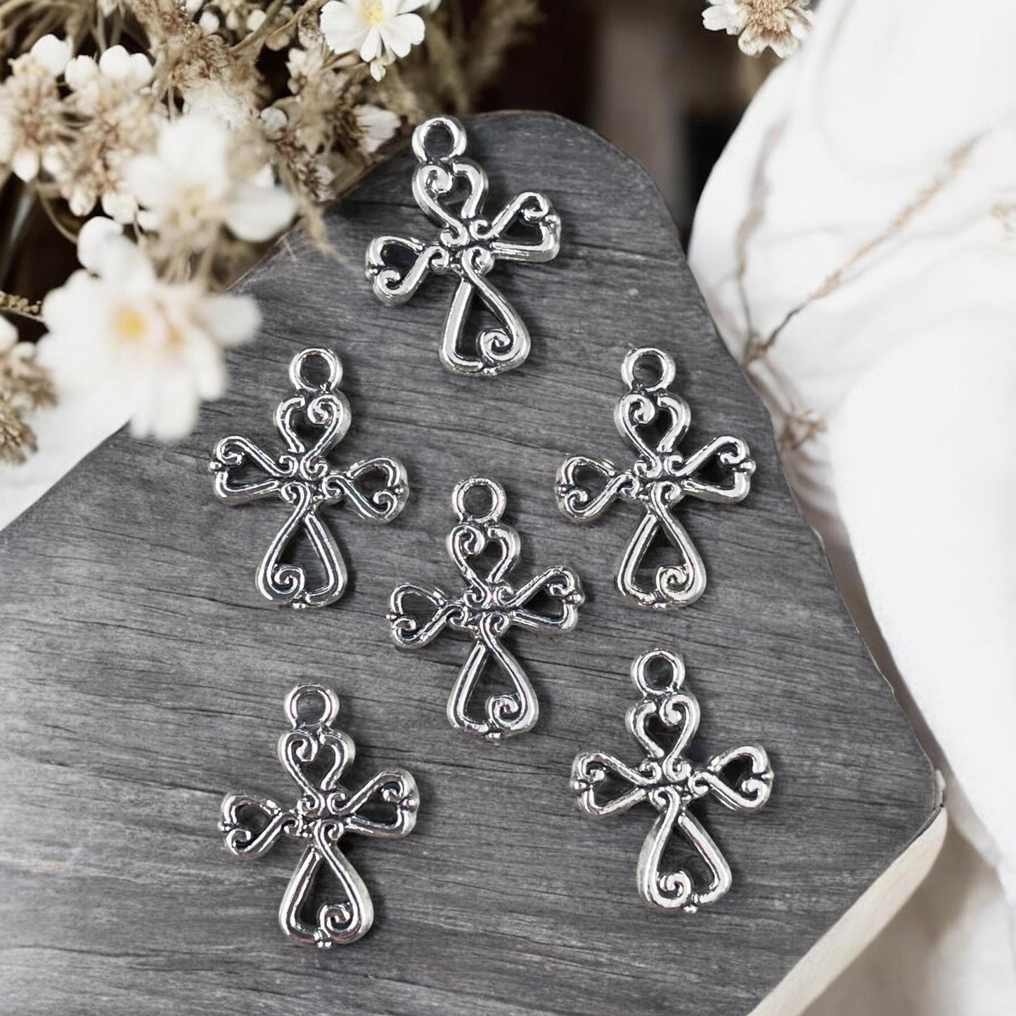 Antiqued Silver Cross Charms, Religious Charms, Small Silver Cross (I026-AS) * Qty. 20