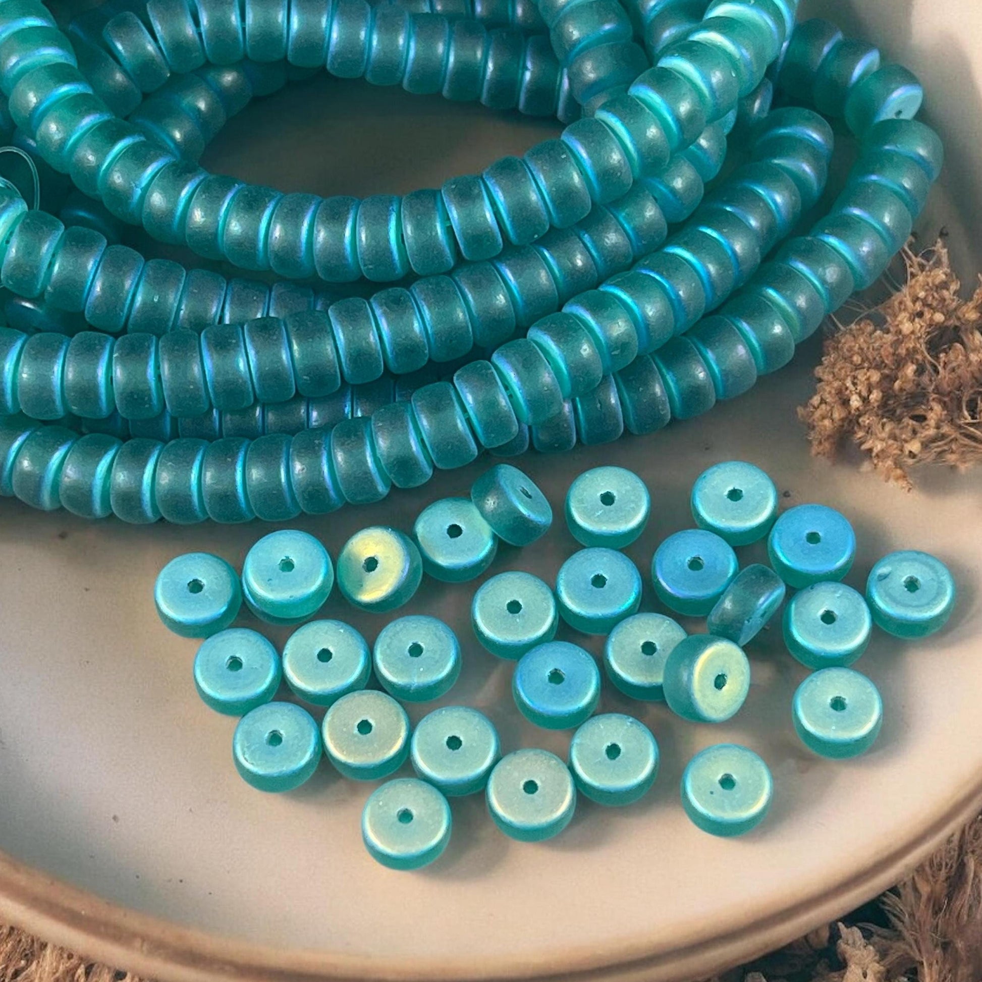 Czech Glass Beads - 6mm Sea Green Heishi Rondelle, Matte Sea Green Glass with AB Finish (HSH/N-0491) * 50 Beads