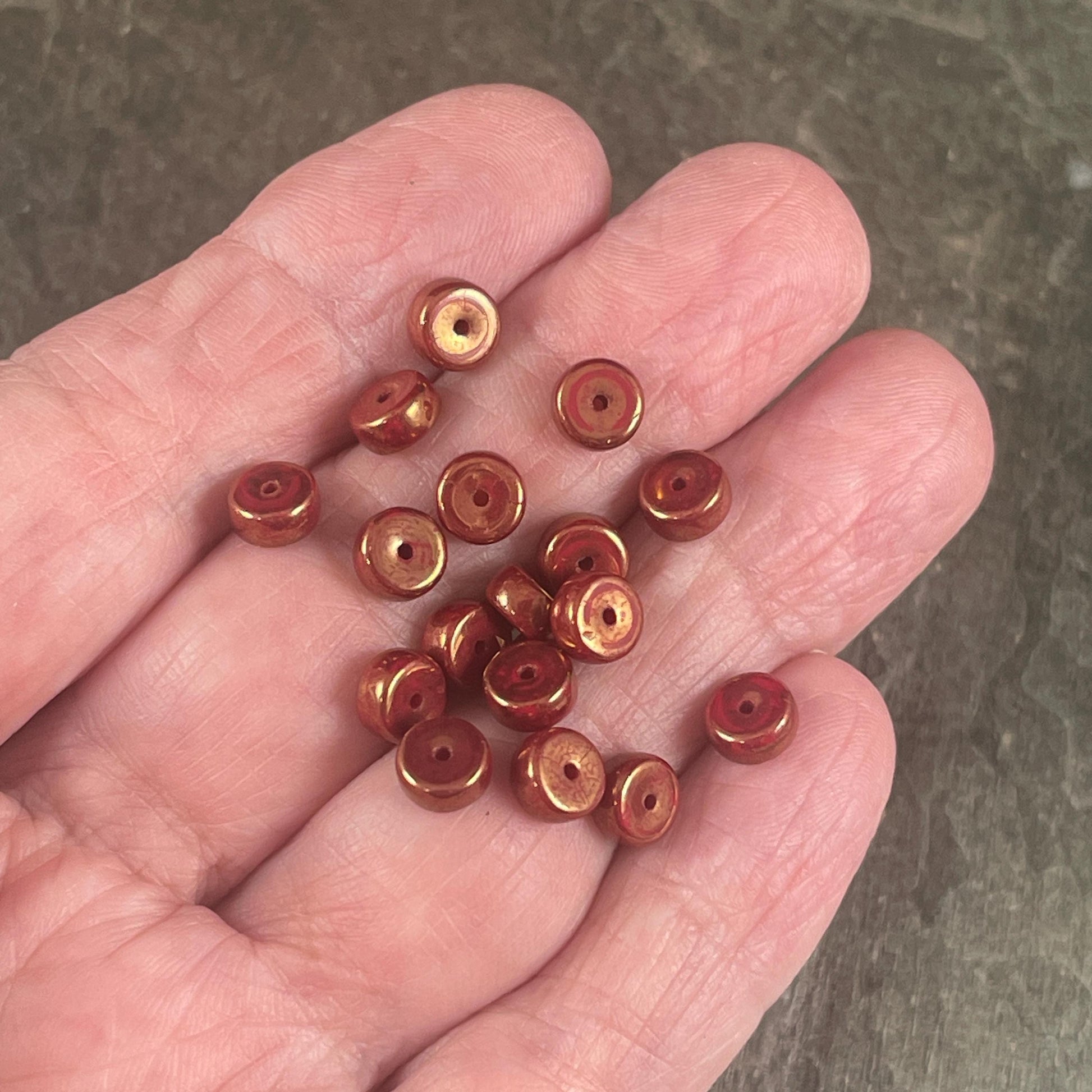 Czech Glass Beads - 6mm Red Heishi Rondelle, Dark Red with Bronze Metallic Luster (HSH/N-0763) * 50 Beads
