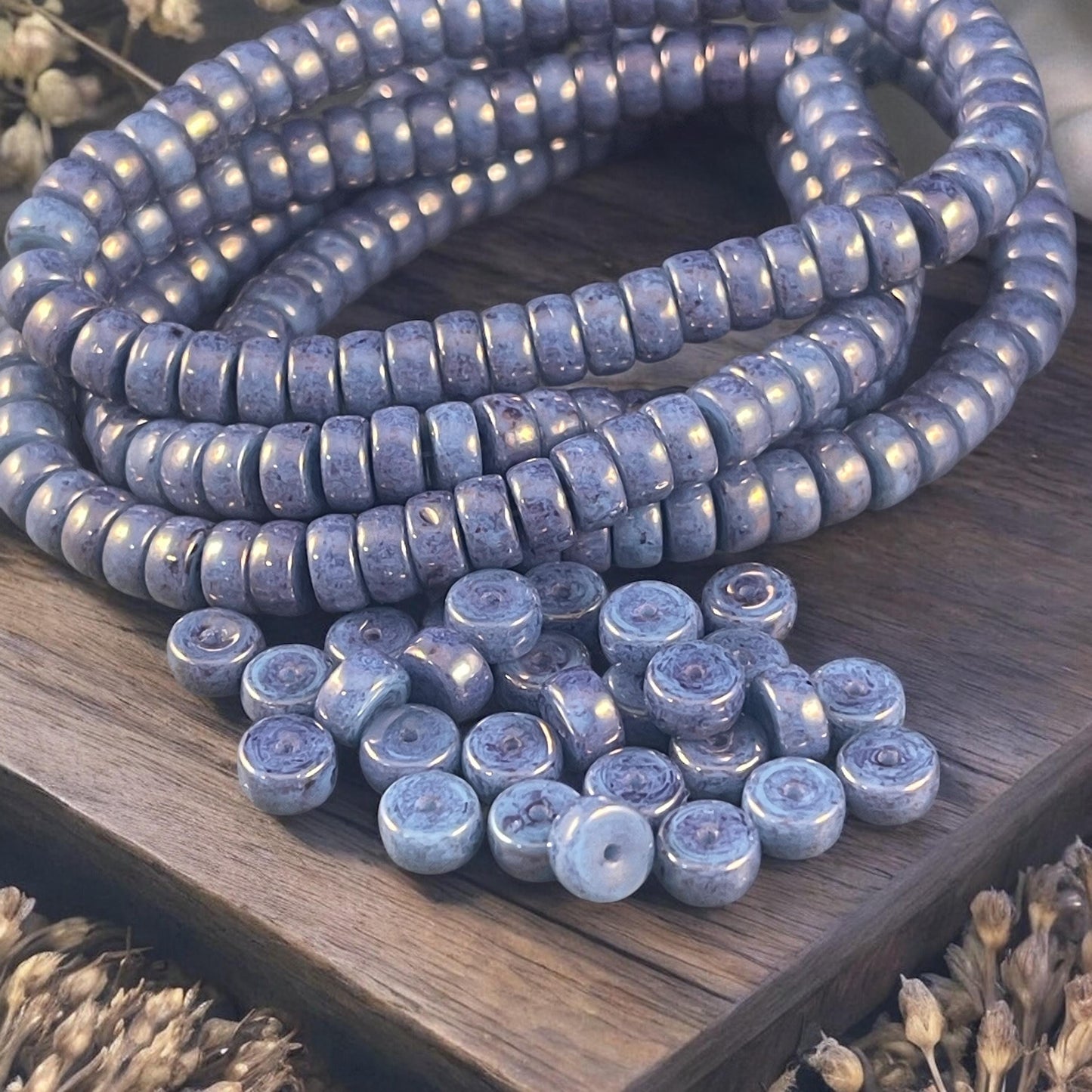 6mm Purplish Blue Heishi Rondelle, Czech Glass Beads, Slate Blue with a Purple/Bronze Luster (HSH/N-0703) * 50 Beads
