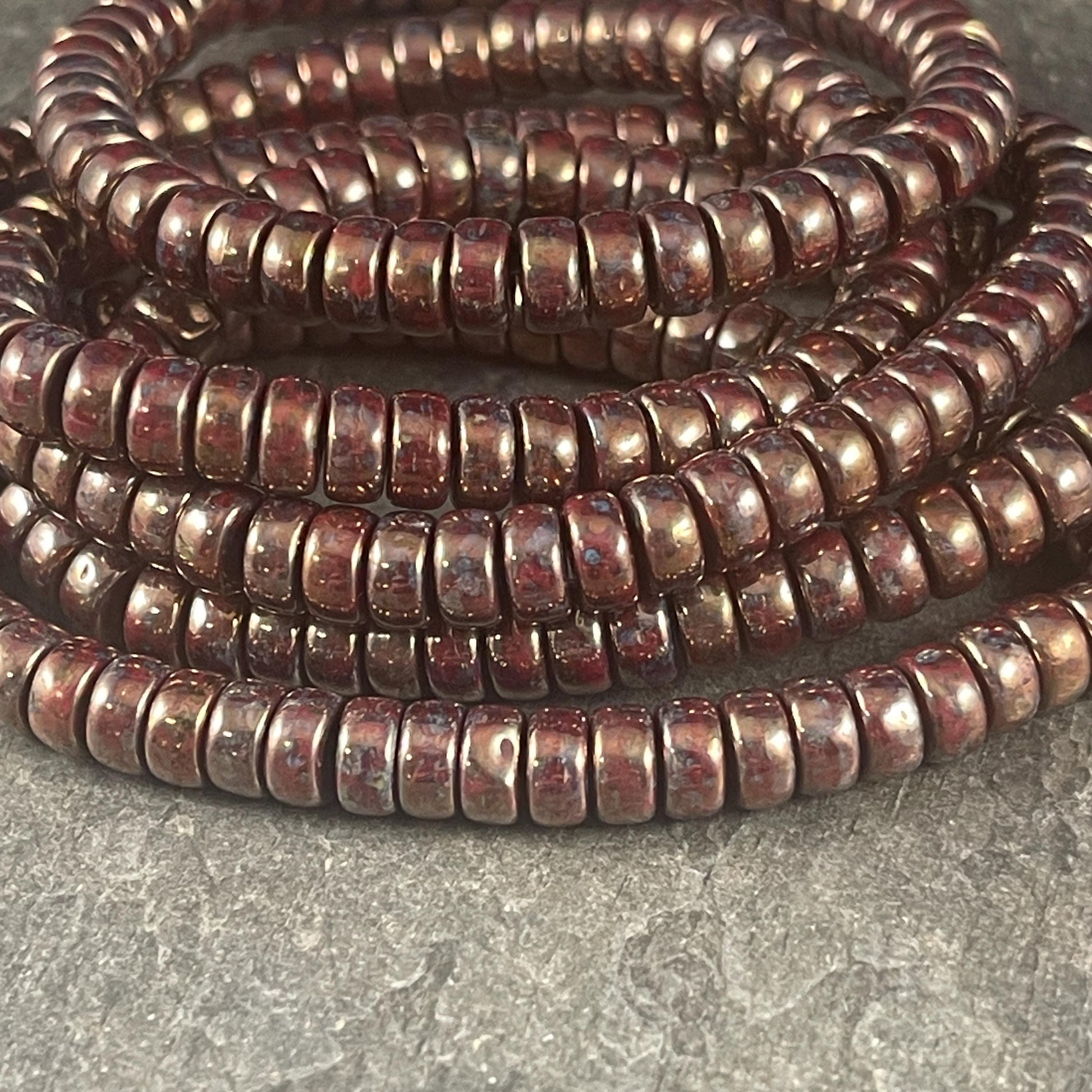 6mm Sangria Red Heishi Rondelle, Czech Glass Beads, Dark Red with Full Bronze Picasso Finish (HSH/N-0698) * 50 Beads