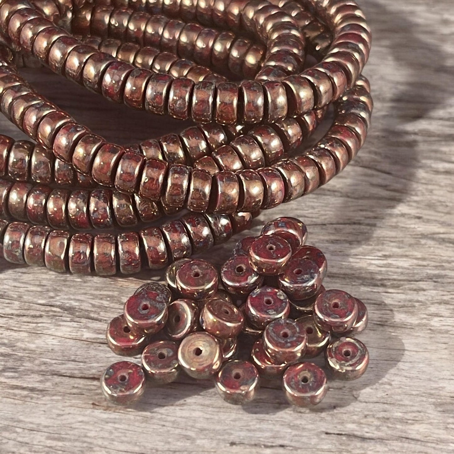 6mm Sangria Red Heishi Rondelle, Czech Glass Beads, Dark Red with Full Bronze Picasso Finish (HSH/N-0698) * 50 Beads