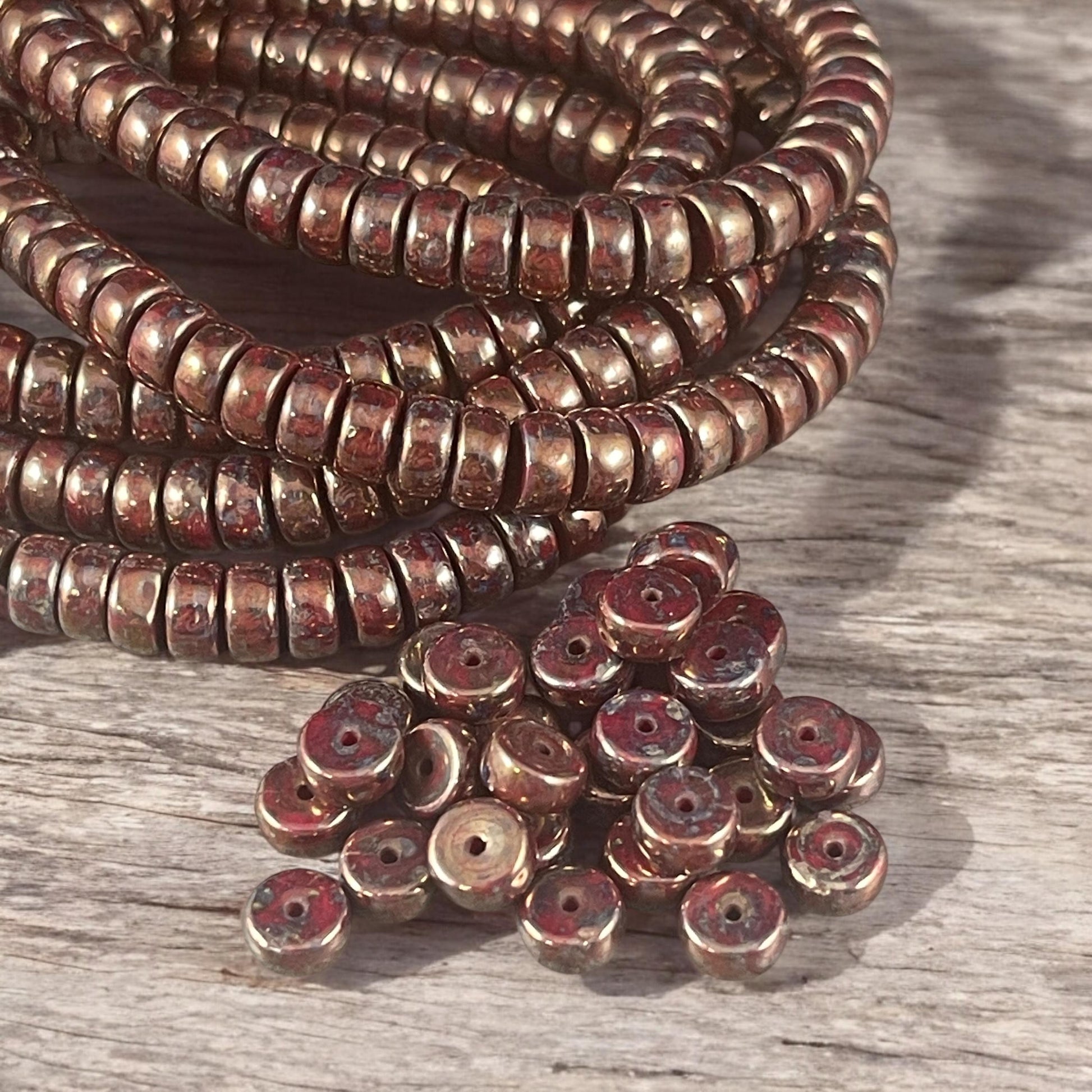 6mm Sangria Red Heishi Rondelle, Czech Glass Beads, Dark Red with Full Bronze Picasso Finish (HSH/N-0698) * 50 Beads