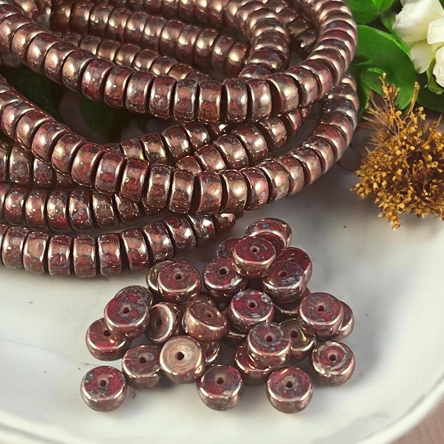 6mm Sangria Red Heishi Rondelle, Czech Glass Beads, Dark Red with Full Bronze Picasso Finish (HSH/N-0698) * 50 Beads