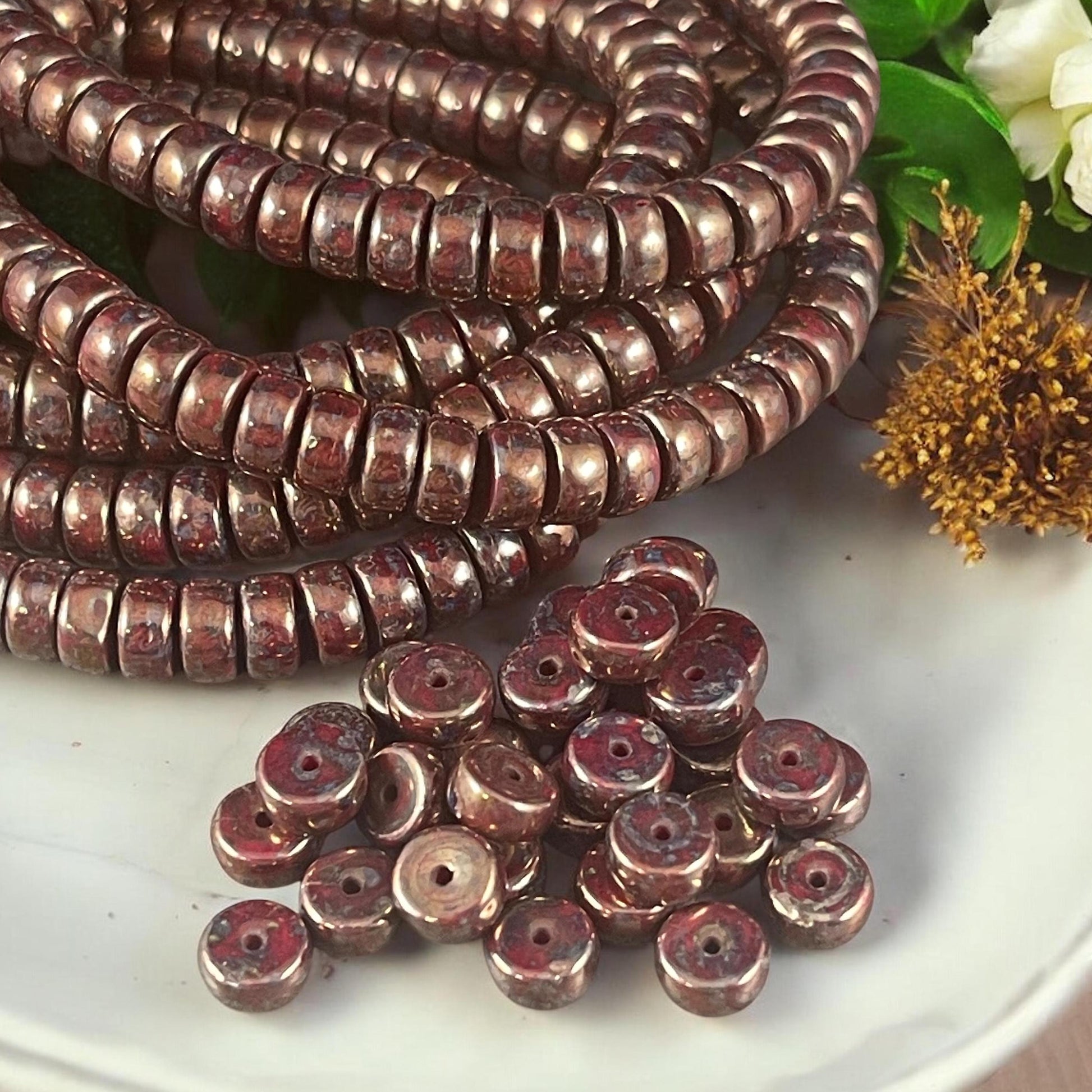 6mm Sangria Red Heishi Rondelle, Czech Glass Beads, Dark Red with Full Bronze Picasso Finish (HSH/N-0698) * 50 Beads