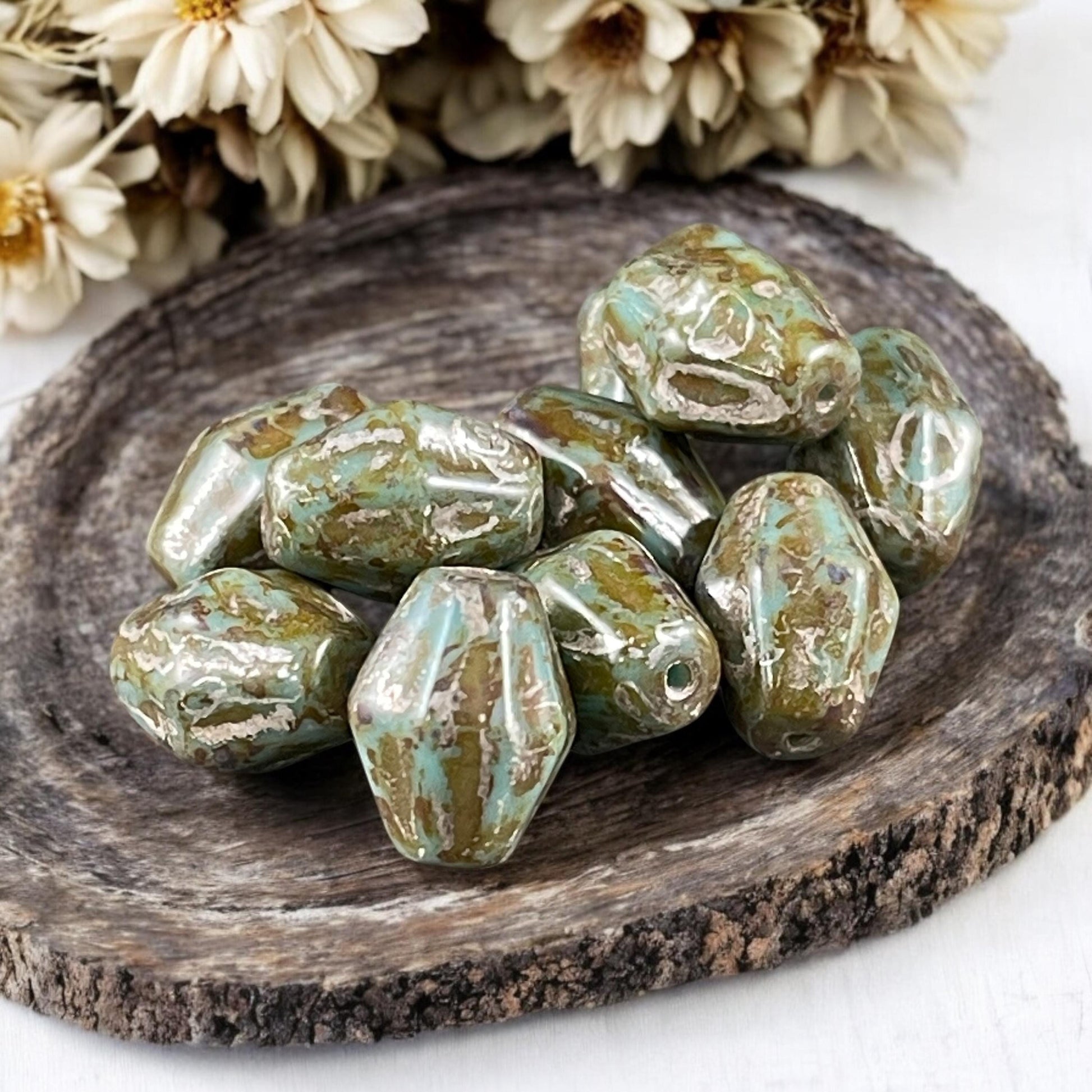 Czech Glass Beads - 10x8mm Bicone, Turquoise withTravertine Picasso (BIC10) * Qty. 15