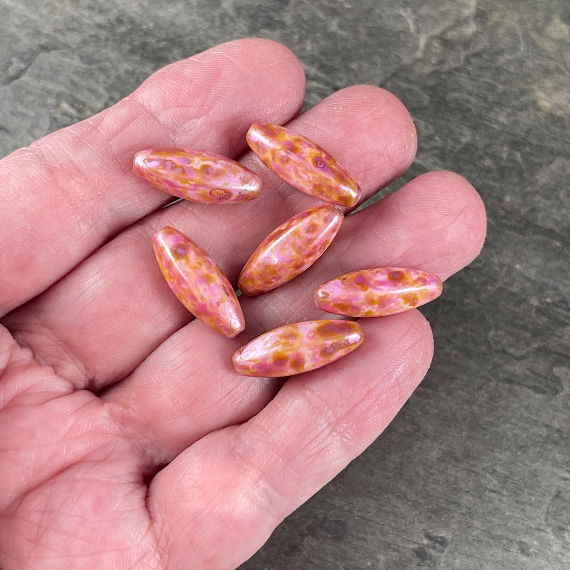 Pink Picasso Beads, 19mm Oval Czech Glass Beads, Beige Glass with Coral Pink Picasso Finish * Qty. 8 Beads