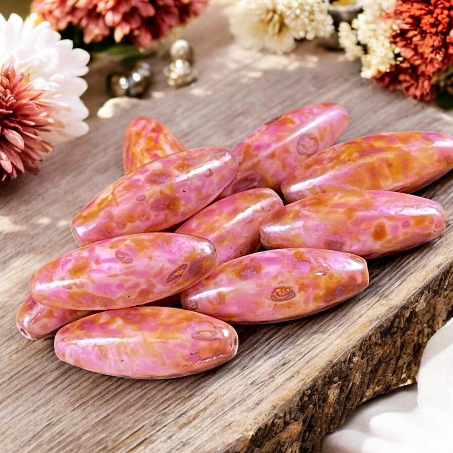 Czech Glass Beads - 9mm Oval, Beige Glass with Coral Pink Picasso Finish (EO13) * 10 Beads