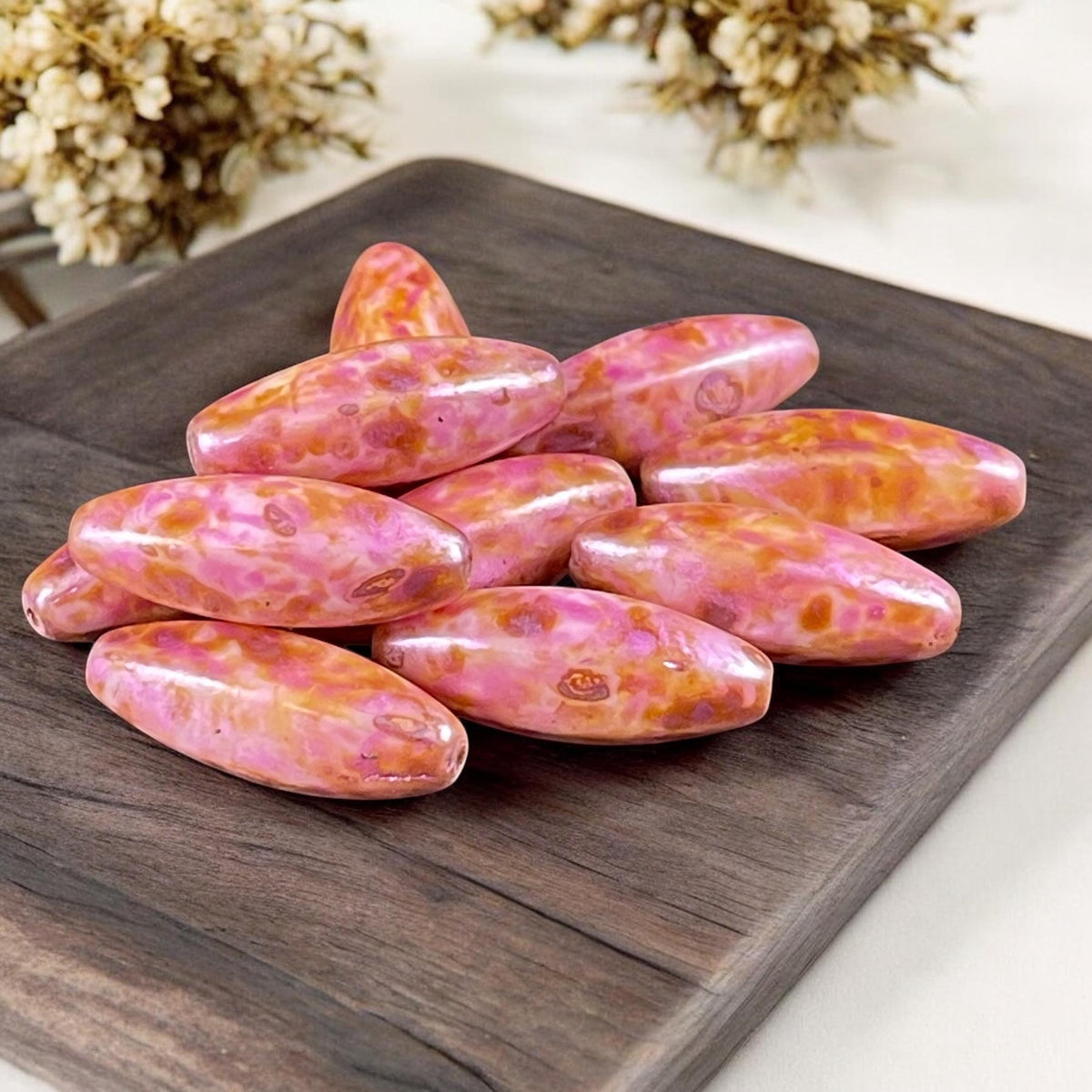 Czech Glass Beads - 9mm Oval, Beige Glass with Coral Pink Picasso Finish (EO13) * 10 Beads