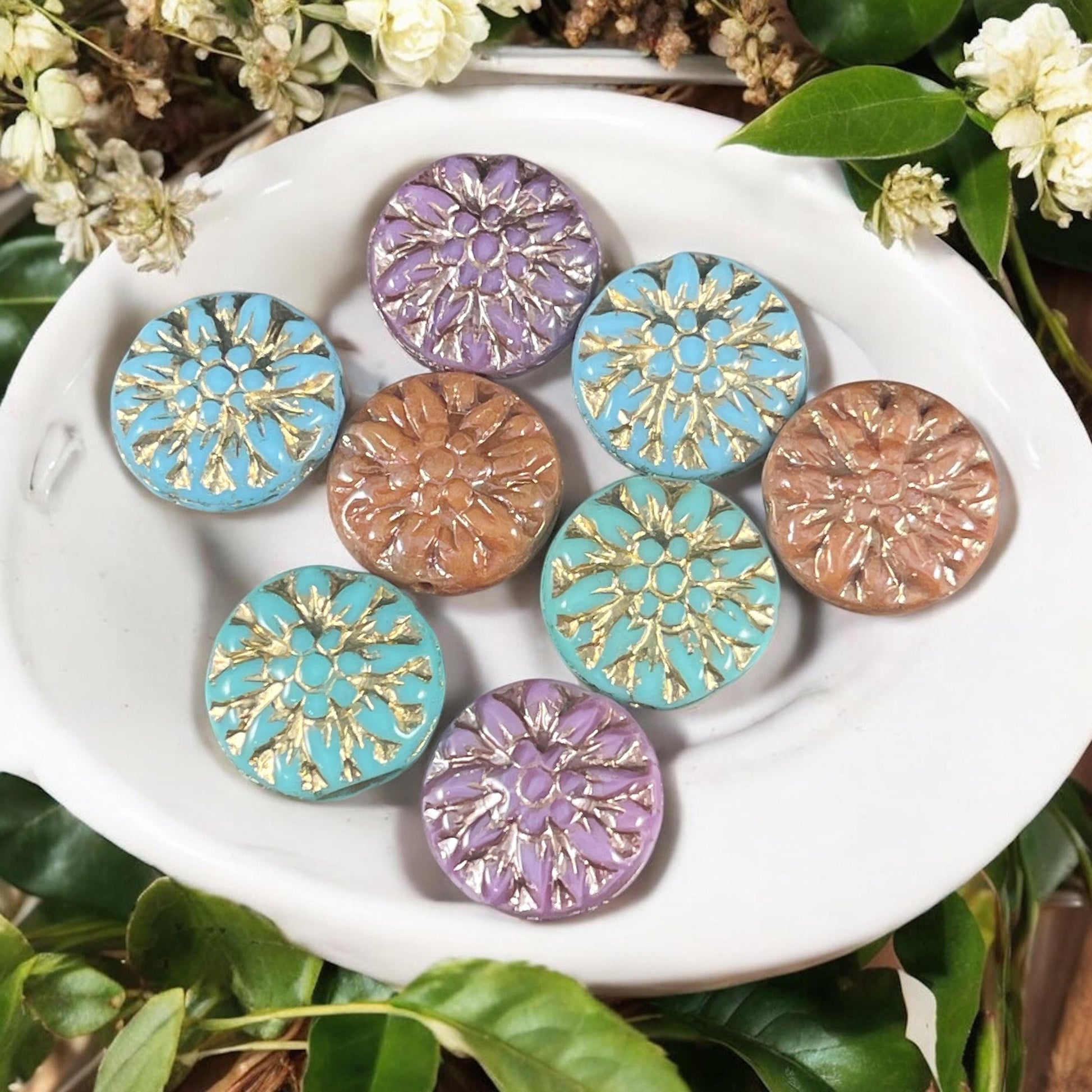 Czech Glass Bead Assortment - 14mm Dahlia Flower Beads - Pairs for Earrings, Flower Assortment (DM-6) * Qty. 8