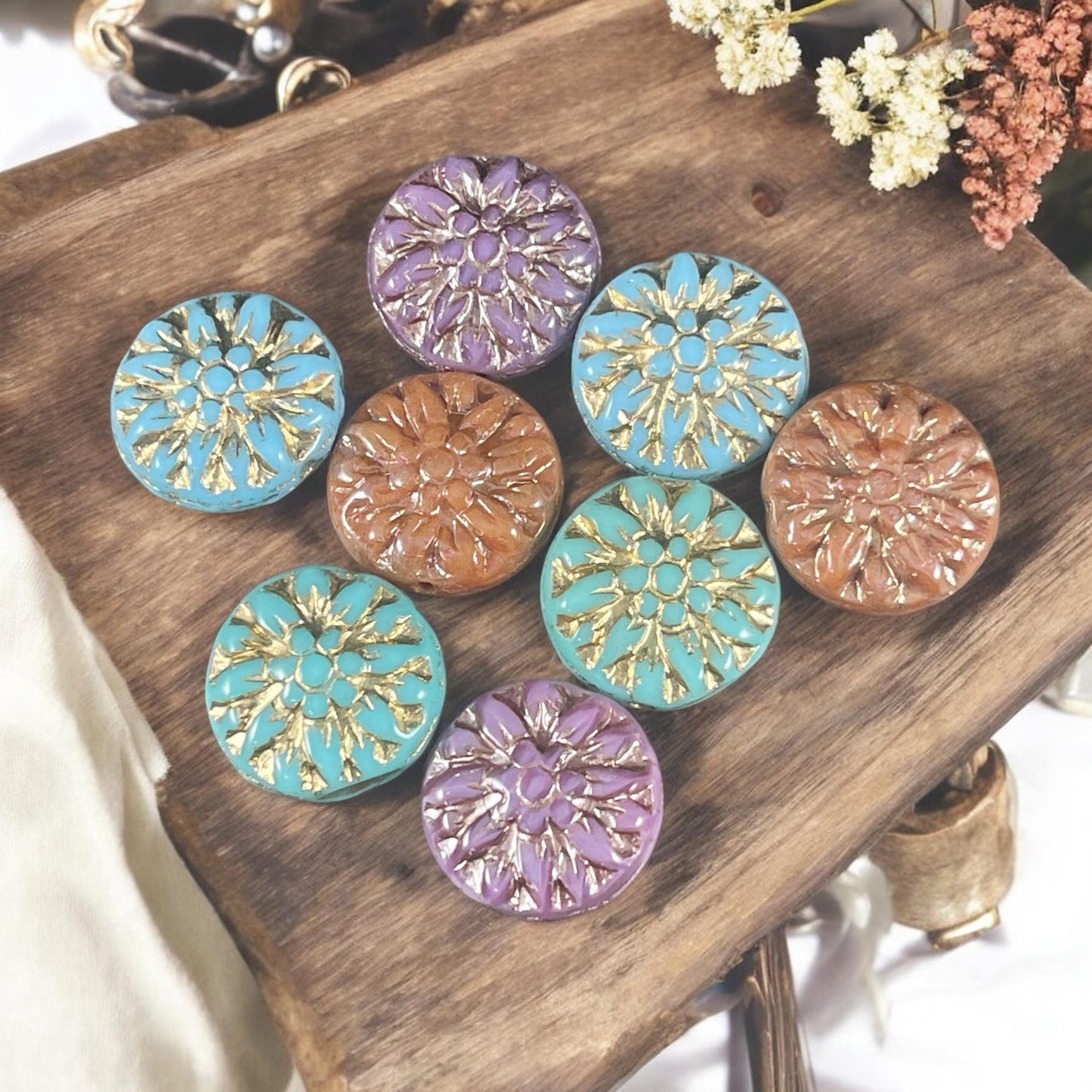 Czech Glass Bead Assortment - 14mm Dahlia Flower Beads - Pairs for Earrings, Flower Assortment (DM-6) * Qty. 8