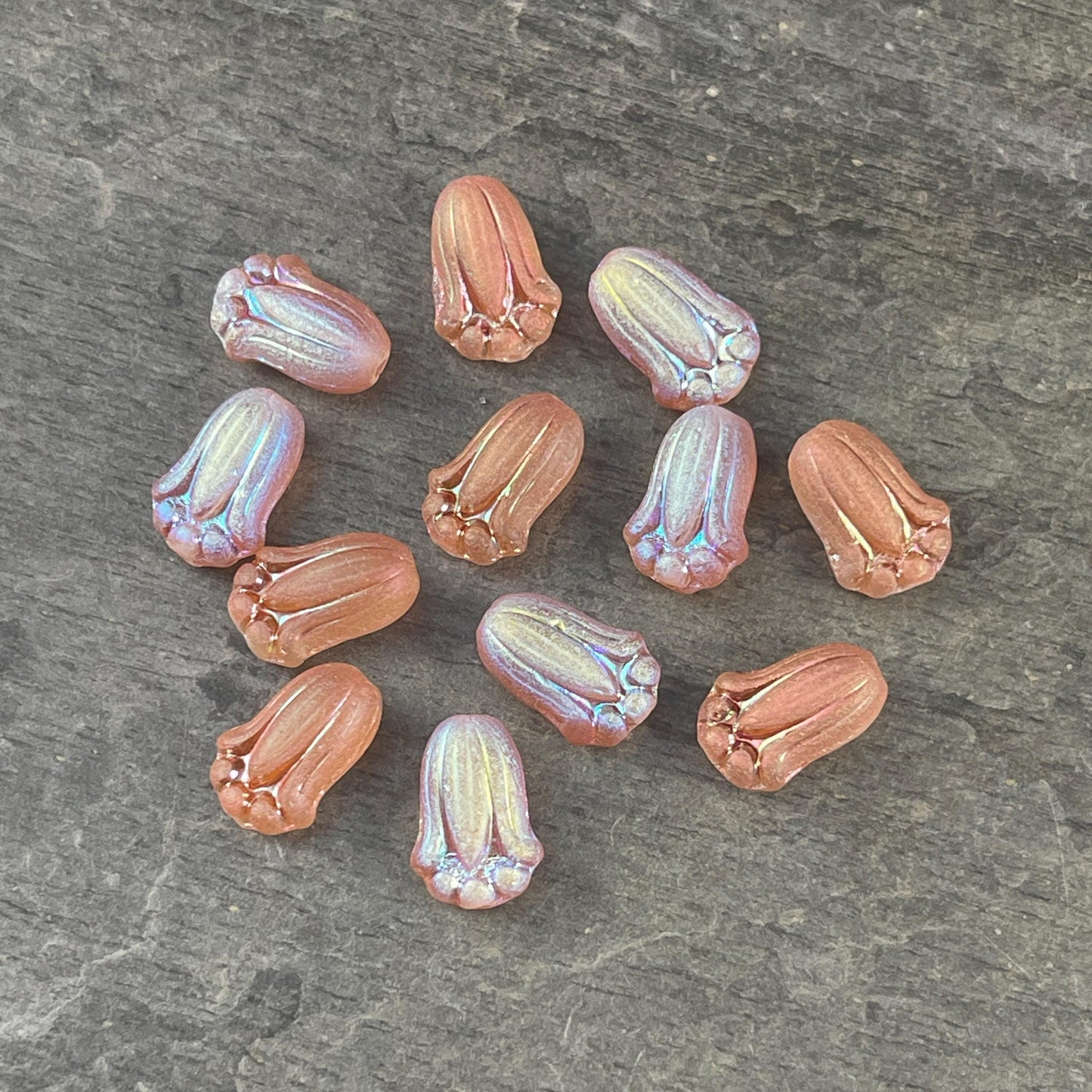 Peach Flower with AB Finish, Czech Glass Beads, 12x8mm Matte Peachy Lily Bud Flower (LBud-Pab) * Qty. 12