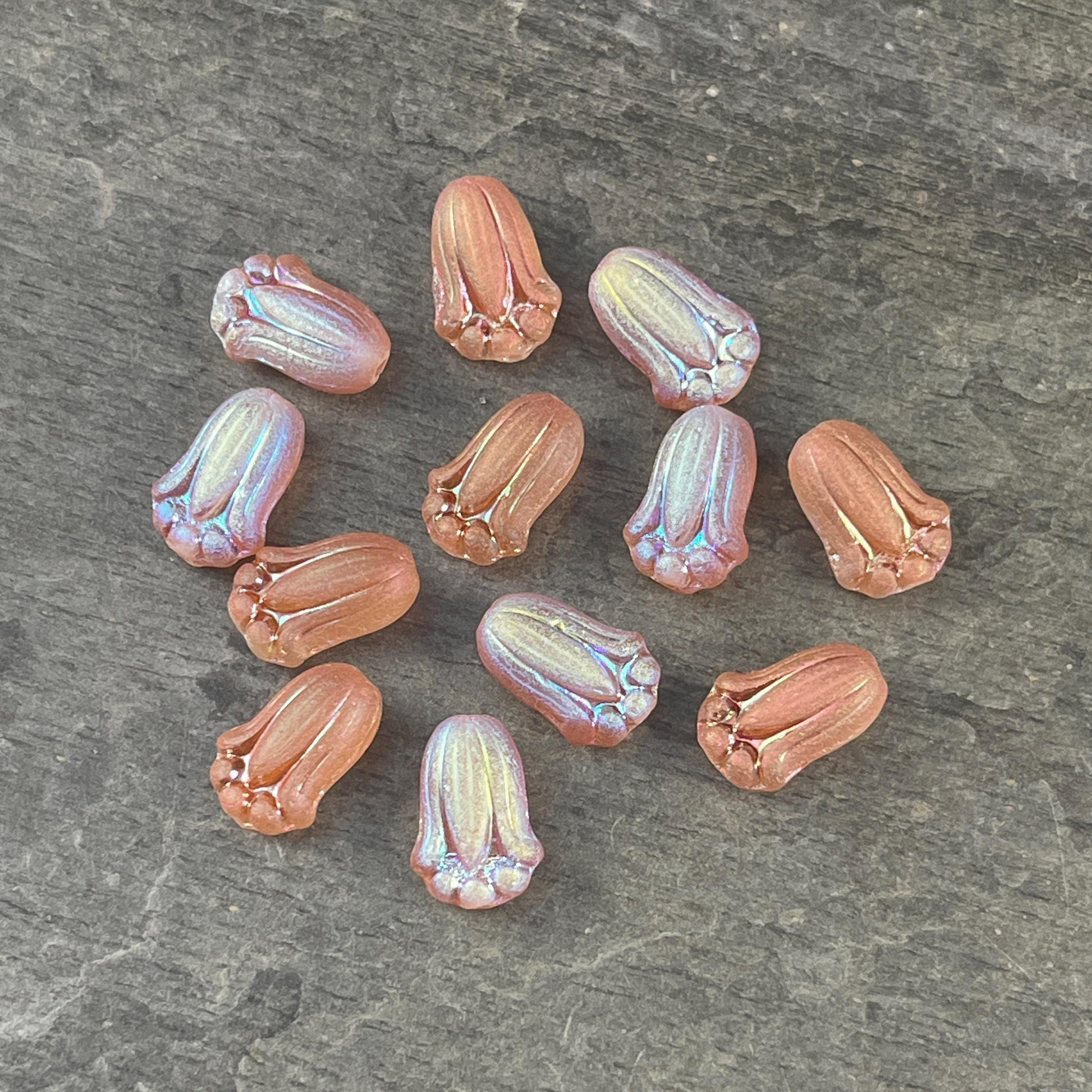 Peach Flower with AB Finish, Czech Glass Beads, 12x8mm Matte Peachy Lily Bud Flower (LBud-Pab) * Qty. 12
