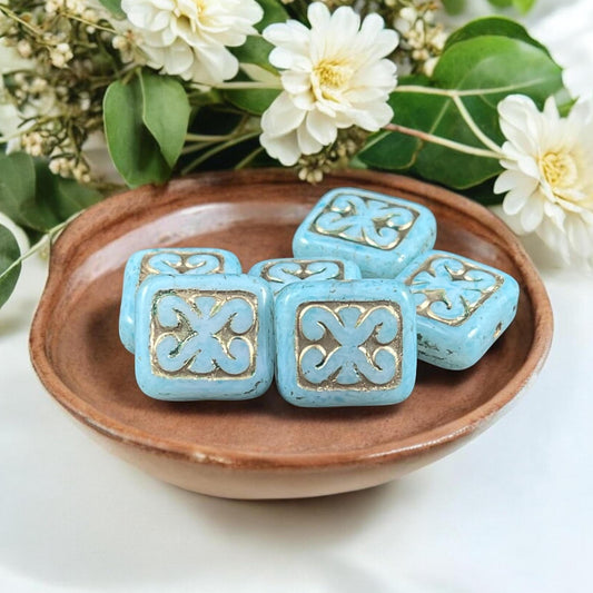 Czech Glass Beads - 12x11mm Blue and Gold Rectangle Beads with Decorative Design (KB-BG) * Qty. 6