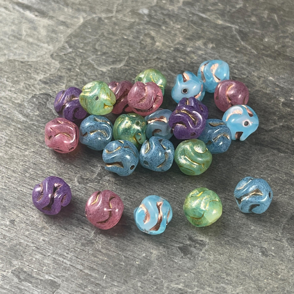 Czech Glass Beads - 8mm Pink Knots with Bronze Wash, Milky Rose Glass Beads (Knot-pb) * Qty. 15