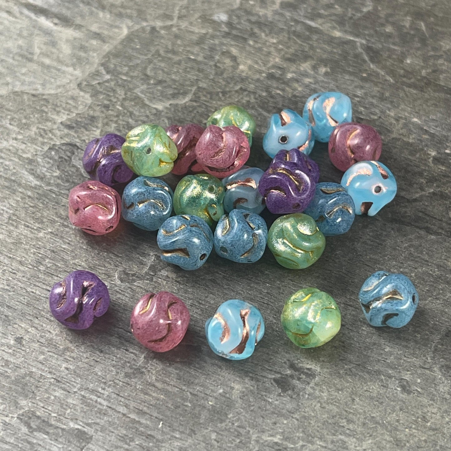 Czech Glass Beads - 8mm Pink Knots with Bronze Wash, Milky Rose Glass Beads (Knot-pb) * Qty. 15