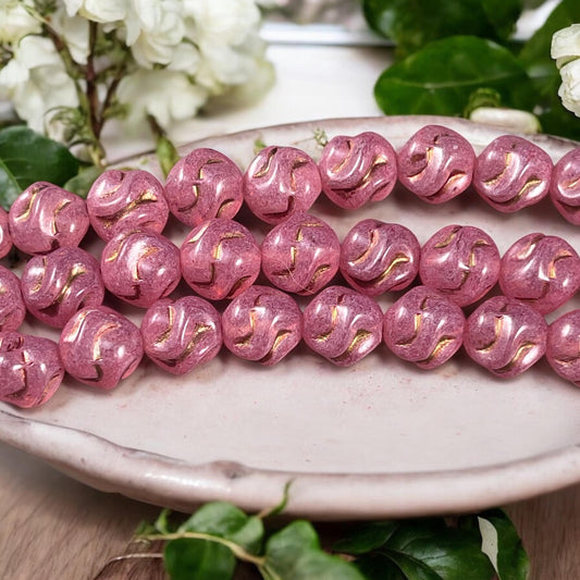 Czech Glass Beads - 8mm Pink Knots with Bronze Wash, Milky Rose Glass Beads (Knot-pb) * Qty. 15