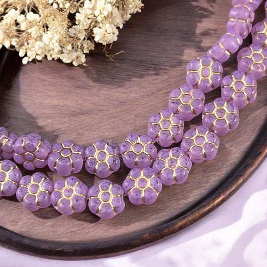 Czech Glass Flower Beads - 8.5mm Purple Flower Beads, Lilac with Gold Wash * Qty. 16