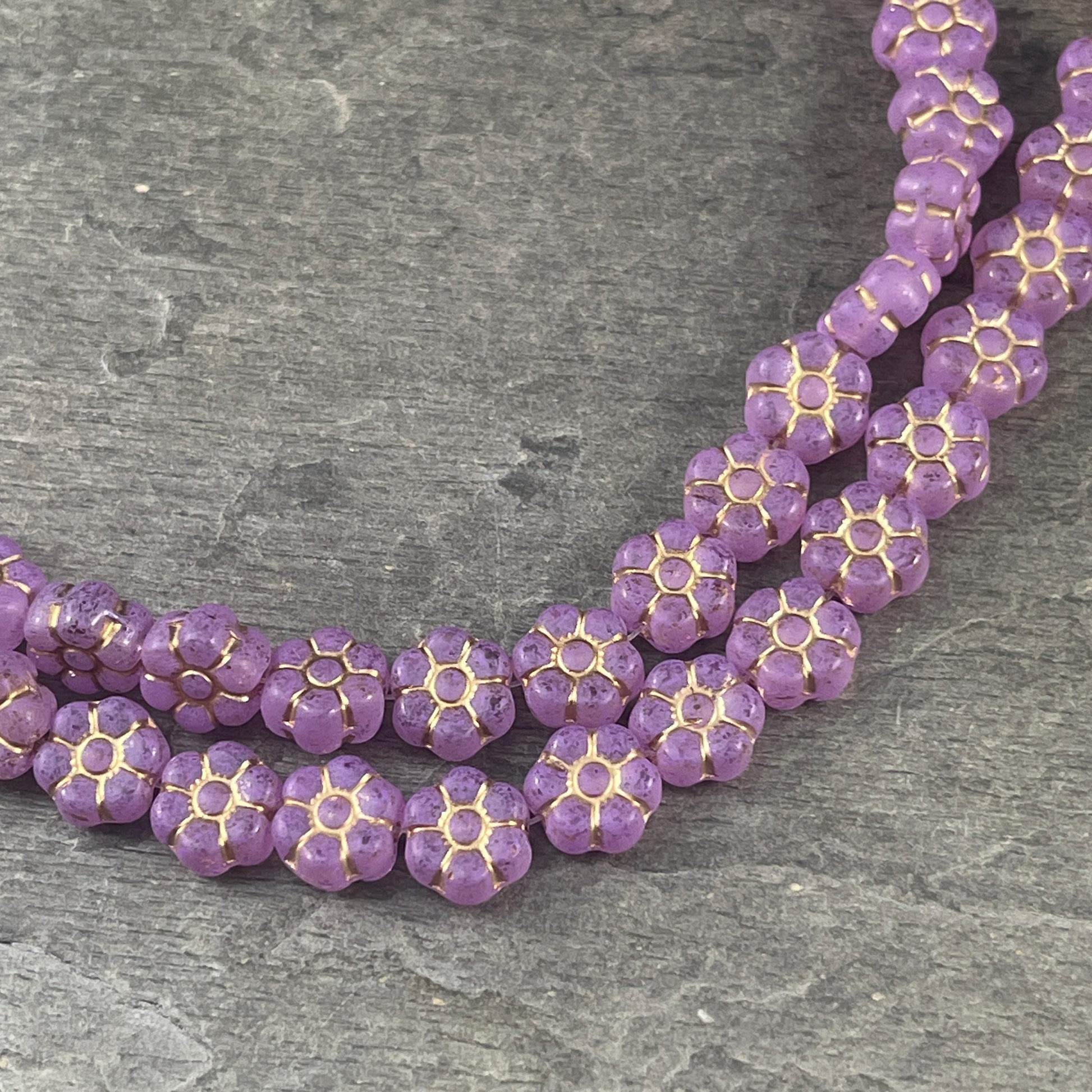 Czech Glass Flower Beads - 8.5mm Purple Flower Beads, Lilac with Gold Wash * Qty. 16
