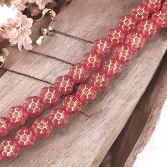 Czech Glass Flower Beads - 8.5mm Watermelon Red Flower Bead, Light Red with Gold Wash * Qty. 16