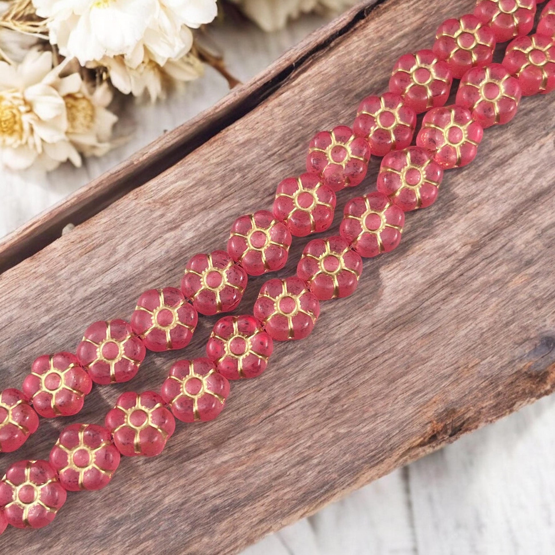Czech Glass Flower Beads - 8.5mm Watermelon Red Flower Bead, Light Red with Gold Wash * Qty. 16