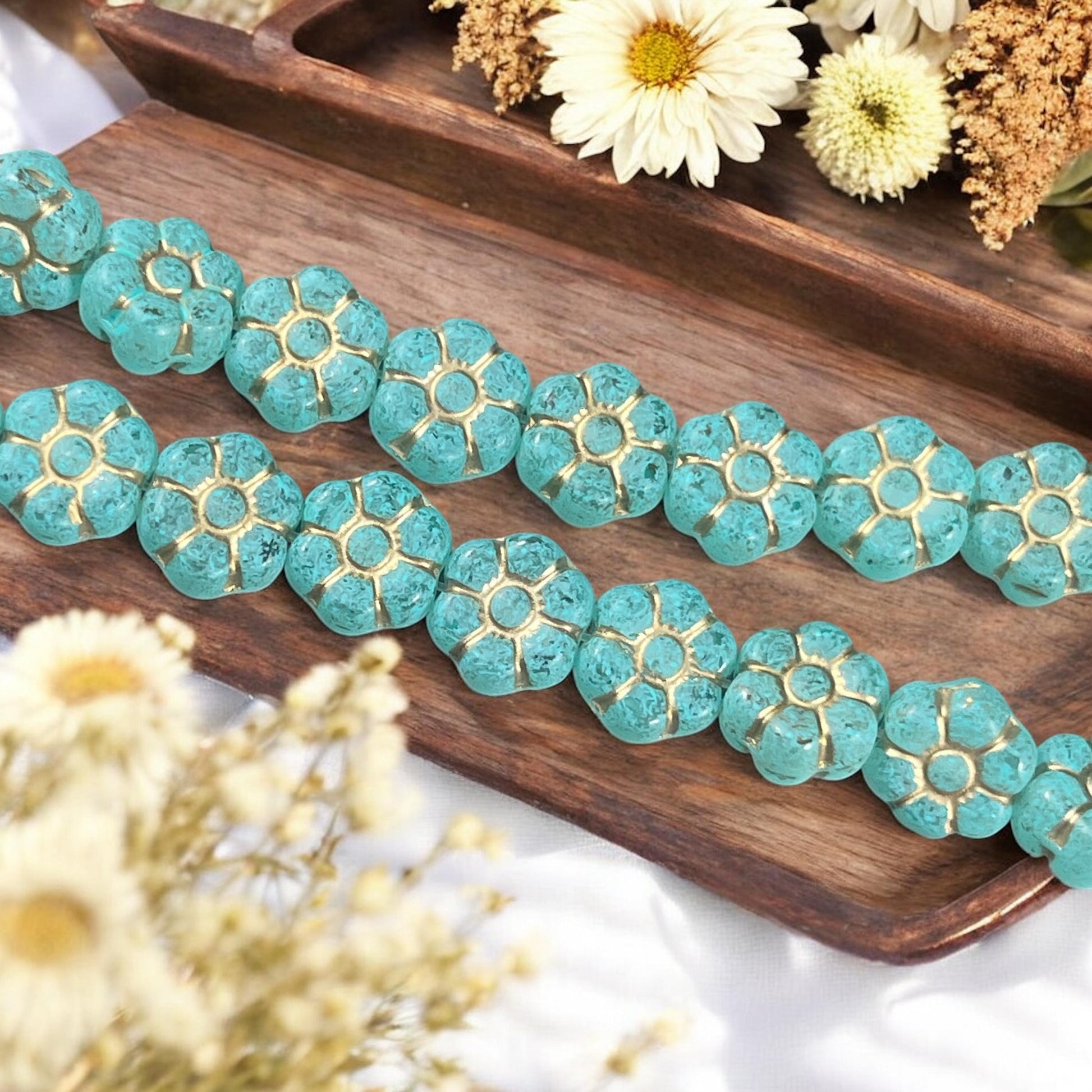 Czech Glass Beads - 8.5mm Aqua Green Flower with Gold Wash (PTB3) * Qty. 16