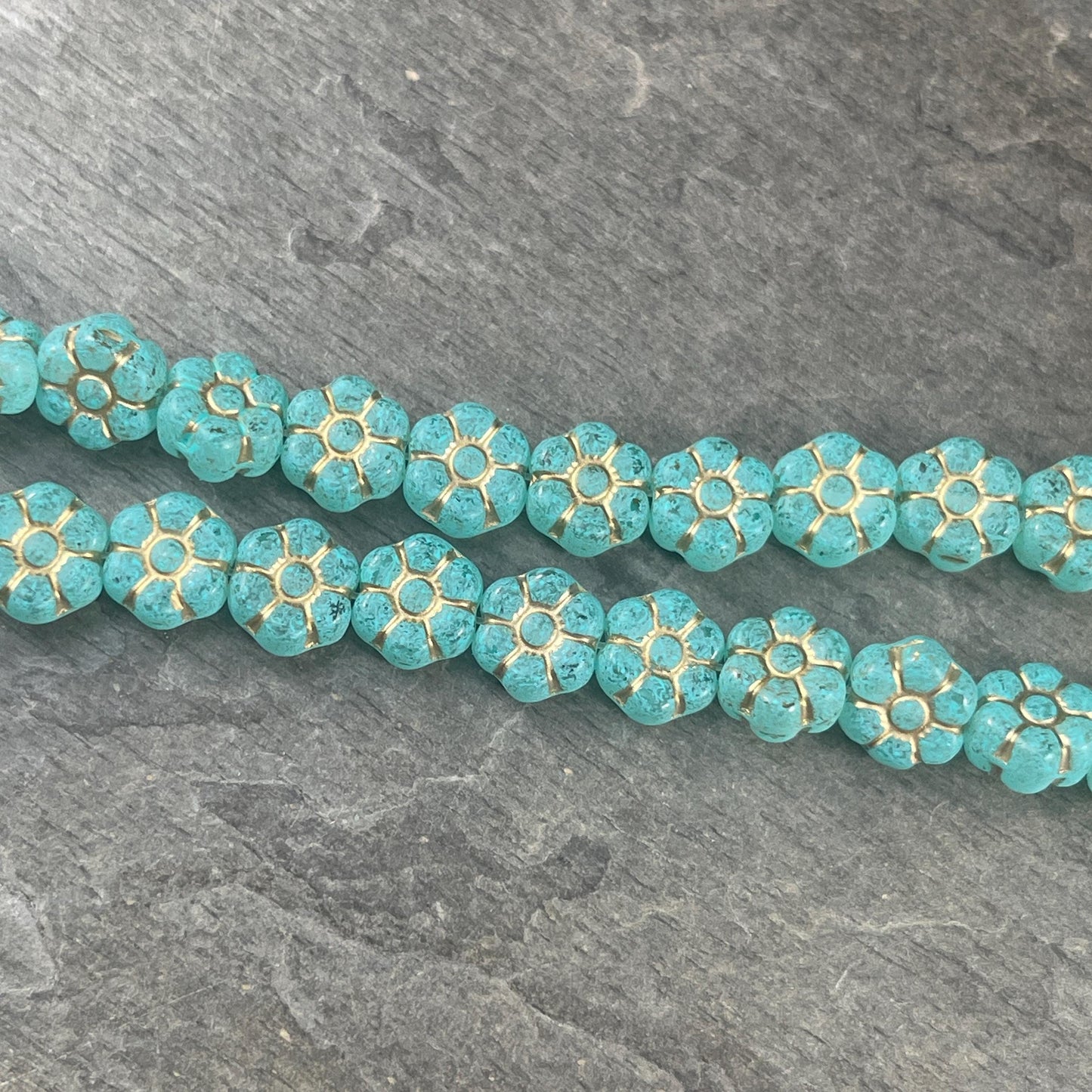 Czech Glass Flower Beads - 8.5mm Aqua Green Flower Bead, Light Blue Green with Gold Wash * Qty. 16