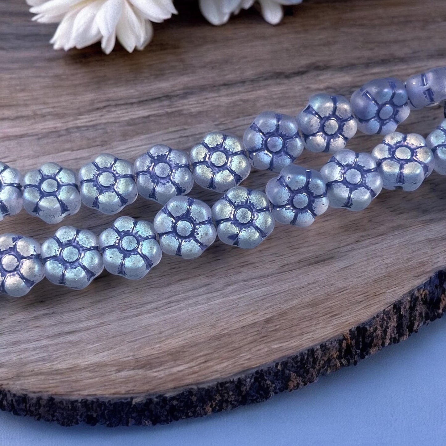 Czech Glass Flower Beads - 8.5mm Blue Flower Bead, Matte Sapphire Blue with AB Finish and Navy Blue Wash * Qty. 16