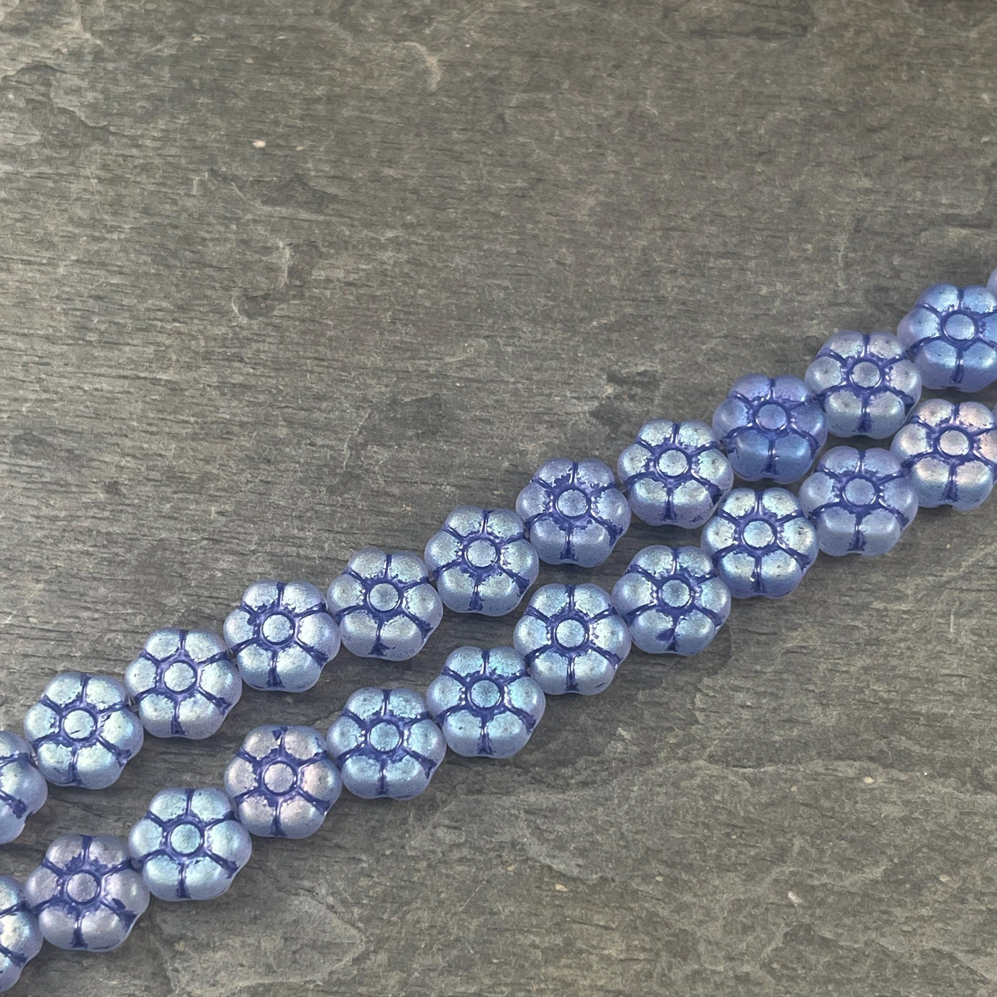 Czech Glass Flower Beads - 8.5mm Blue Flower Bead, Matte Sapphire Blue with AB Finish and Navy Blue Wash * Qty. 16