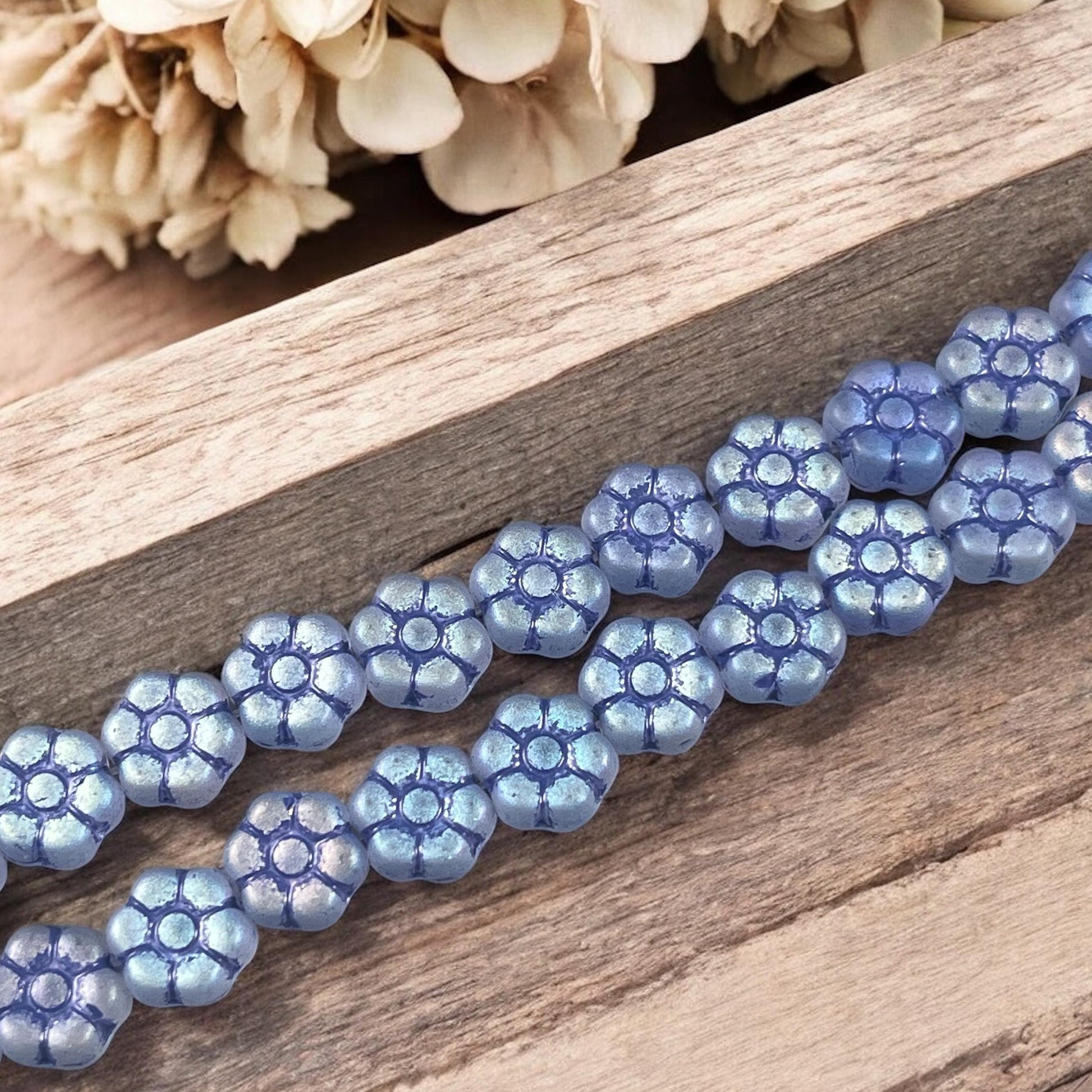 Czech Glass Flower Beads - 8.5mm Blue Flower Bead, Matte Sapphire Blue with AB Finish and Navy Blue Wash * Qty. 16