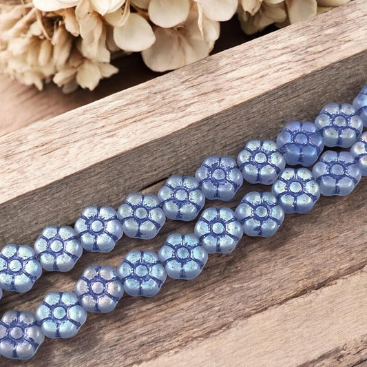Czech Glass Flower Beads - 8.5mm Blue Flower Bead, Matte Sapphire Blue with AB Finish and Navy Blue Wash * Qty. 16