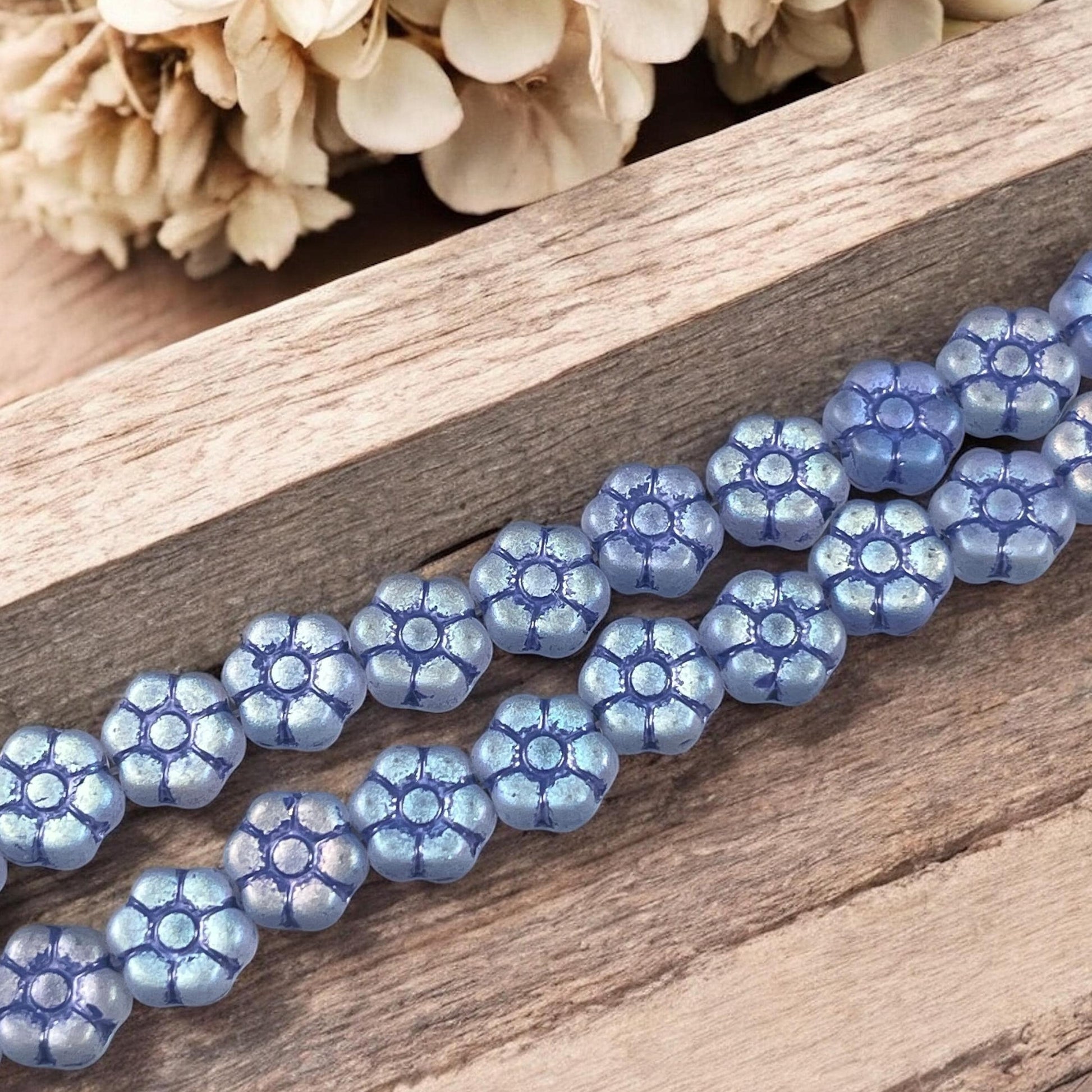 Czech Glass Beads - 8.5mm Sapphire Blue Flower with AB and Navy Blue Wash (PTB5) * Qty. 16