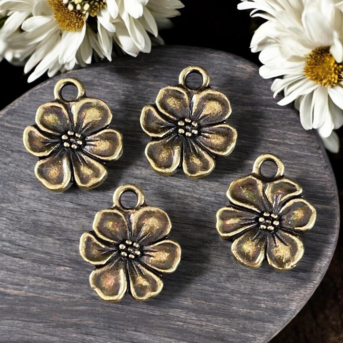 TierraCast 17x14mm Apple Blossom Charms, Antiqued Brass Flower Charm (PF/529-57) * Qty. 4