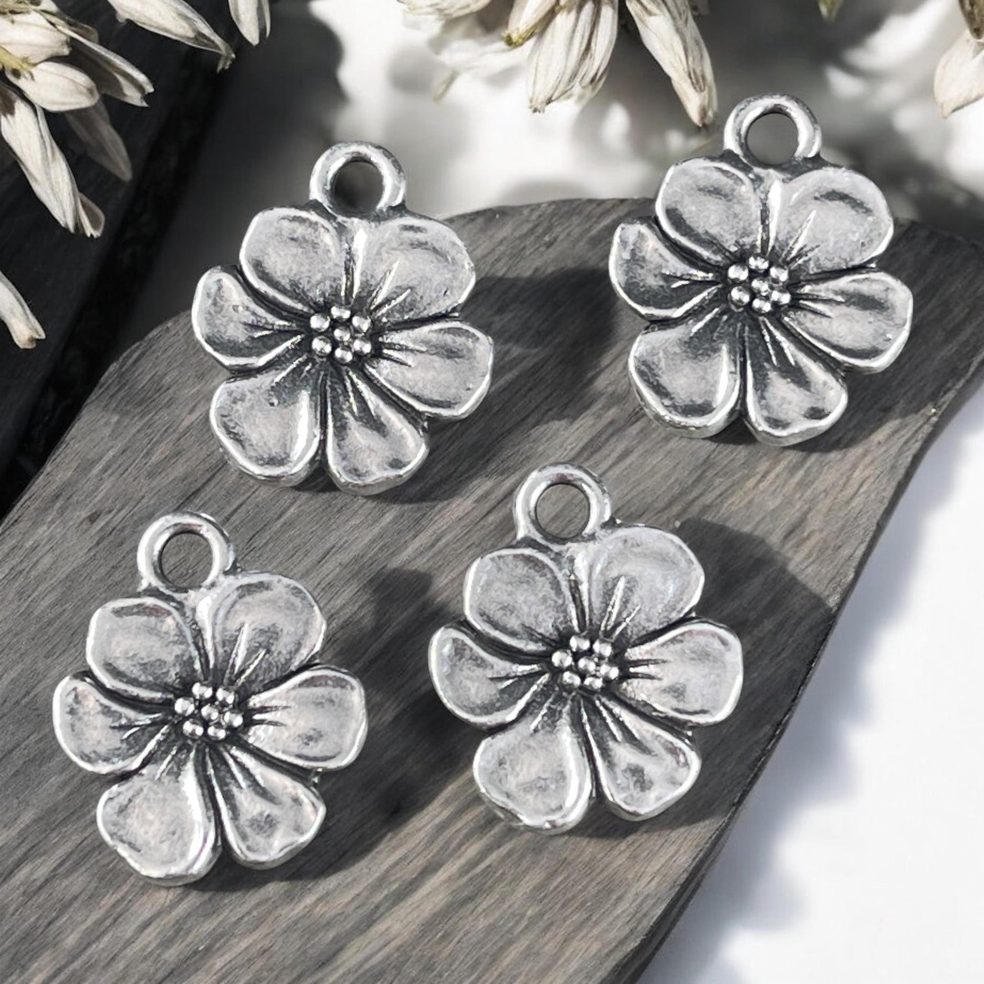 TierraCast 17x14mm Apple Blossom Charms, Antiqued Silver Flower Charm (PF/529-77) * Qty. 4