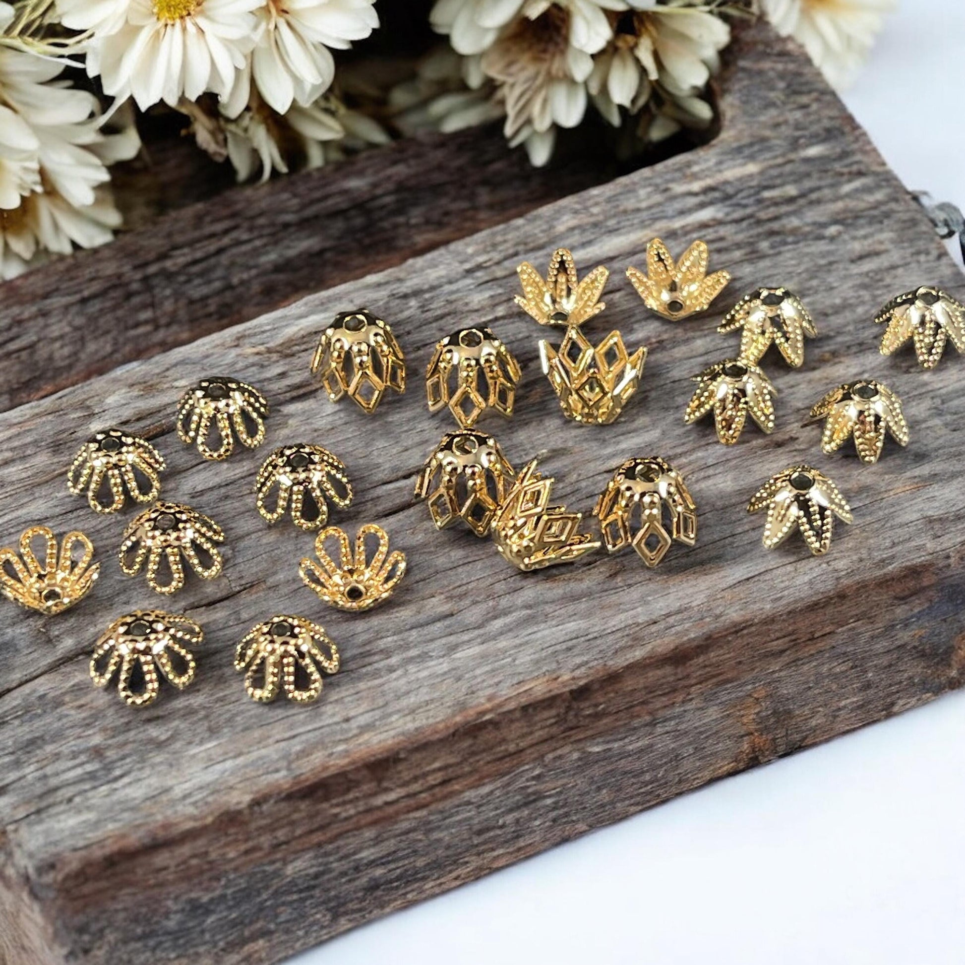 Gold Bead Caps for Teardrop or Tapered Beads, Assorted Designs, Star, Flower, Basket (GoldCapMix) * Qty. 96