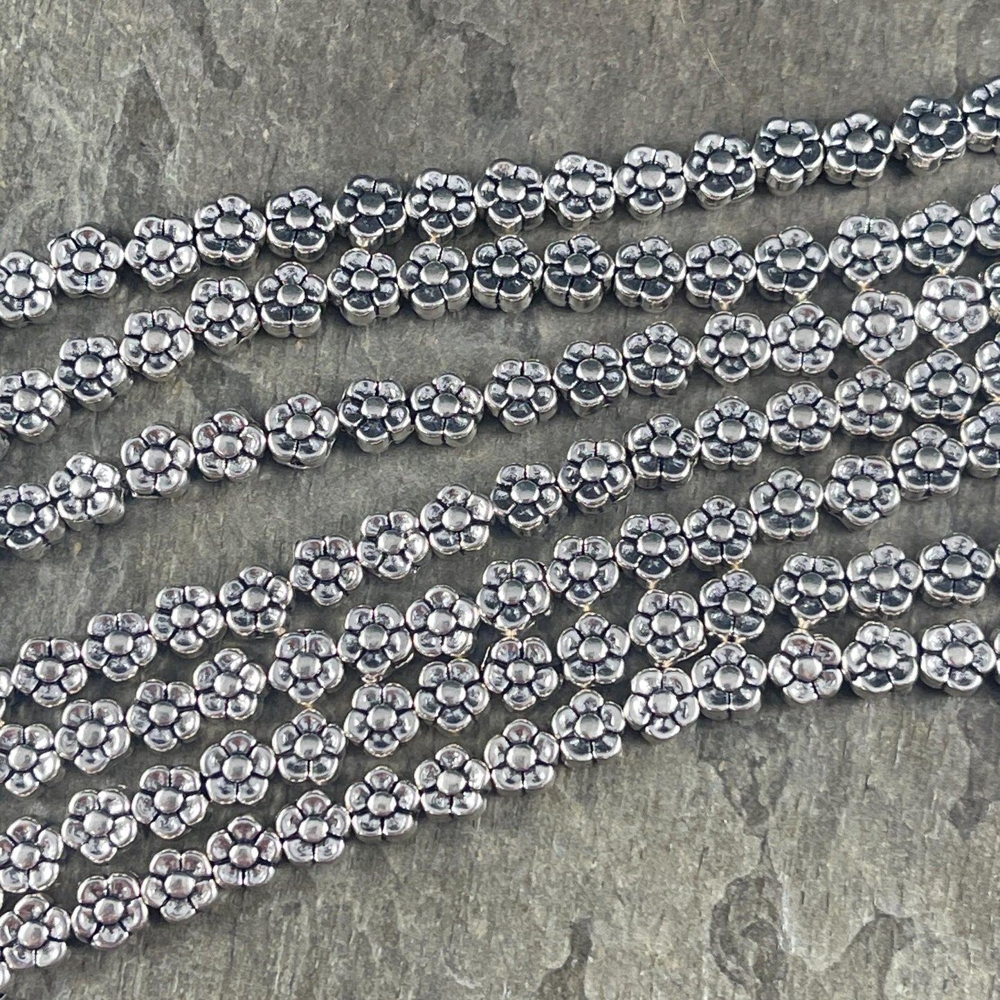 Antiqued Silver Flower Bead, Double Sided 5.25mm Metal Flower, Nature Theme Beads (O007-01) * Qty. 40