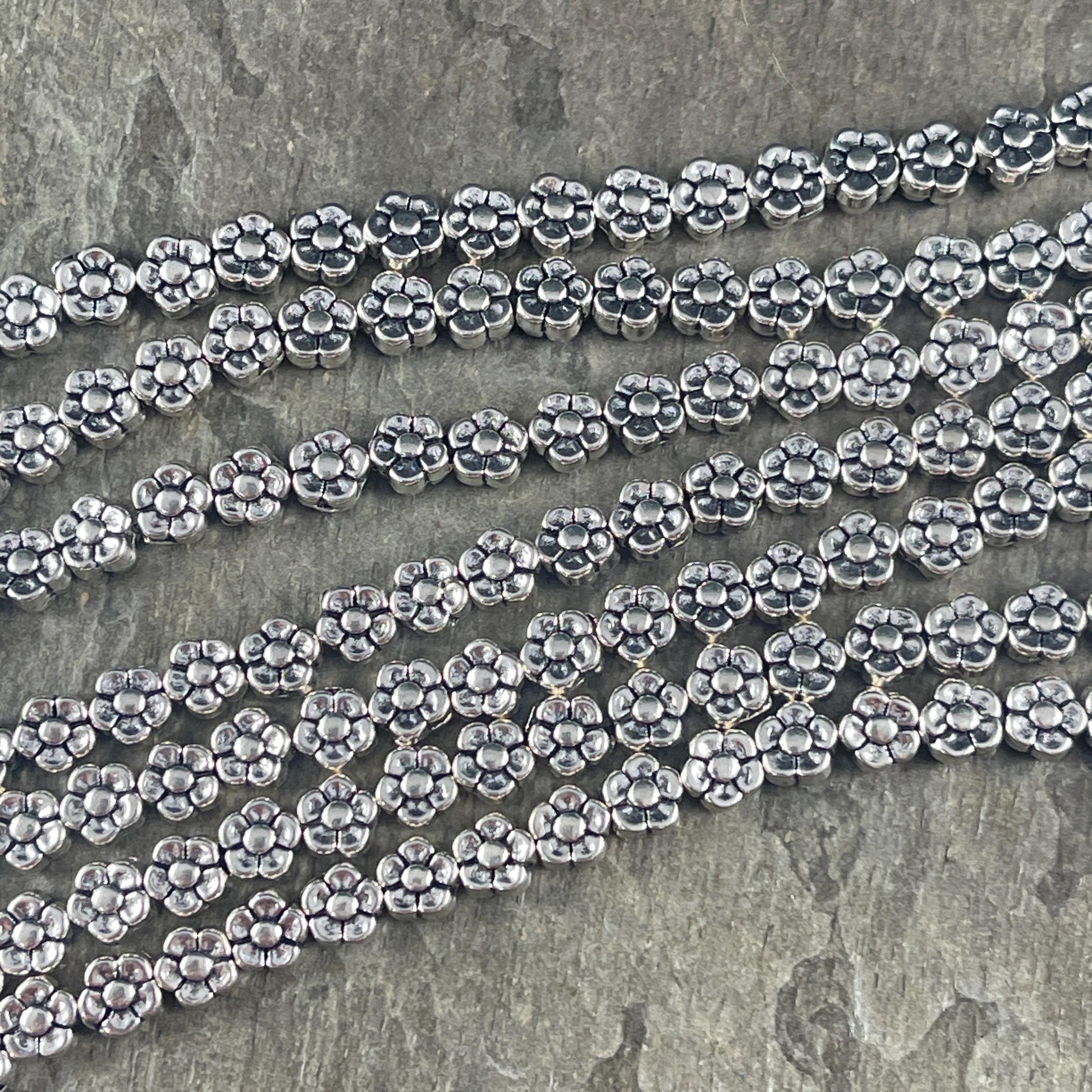 Antiqued Silver Flower Bead, Double Sided 5.25mm Metal Flower, Nature Theme Beads (O007-01) * Qty. 40