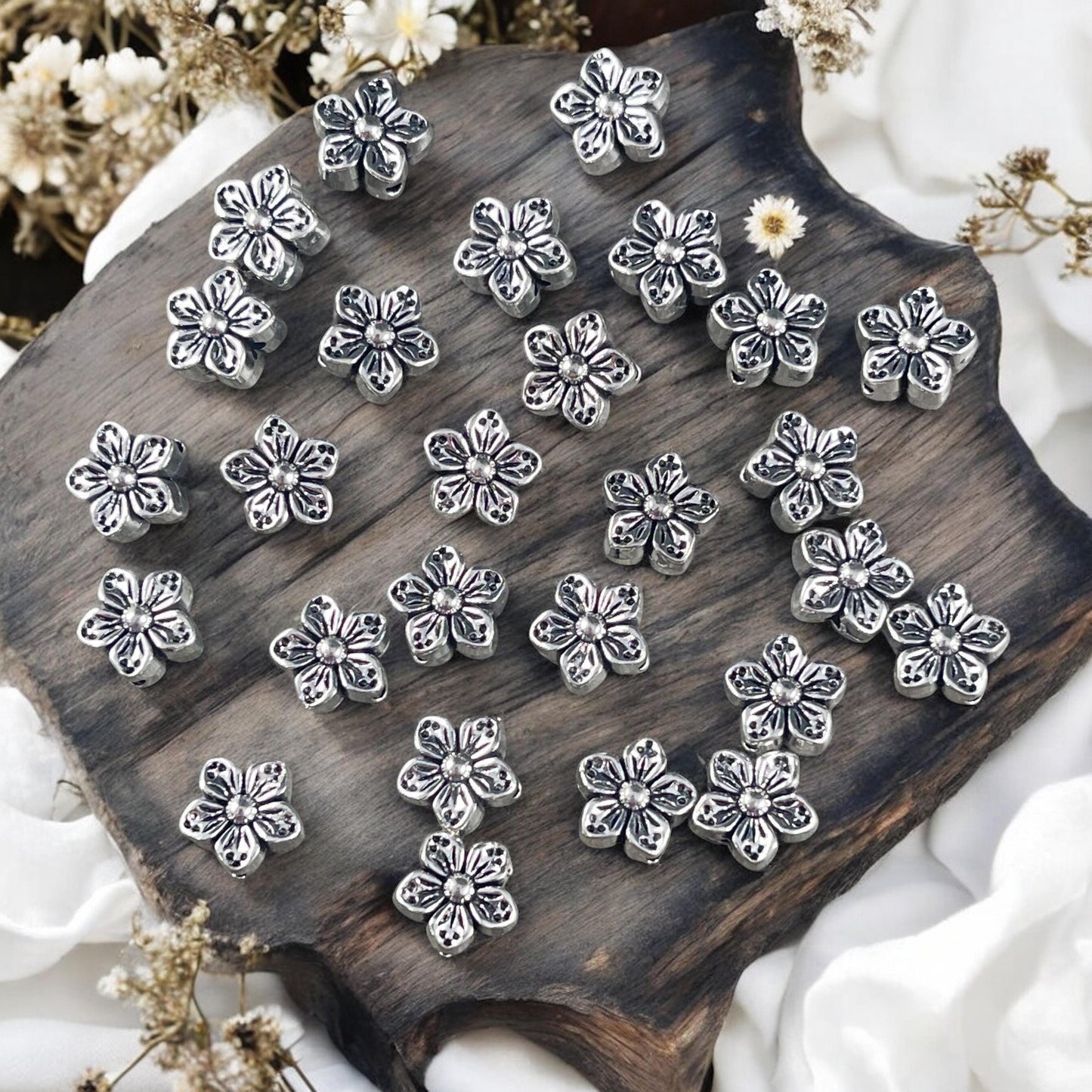 Antiqued Silver Flower Bead, Double Sided 8.5mm Metal Flower, Nature Theme Beads (N005-071) * Qty. 30