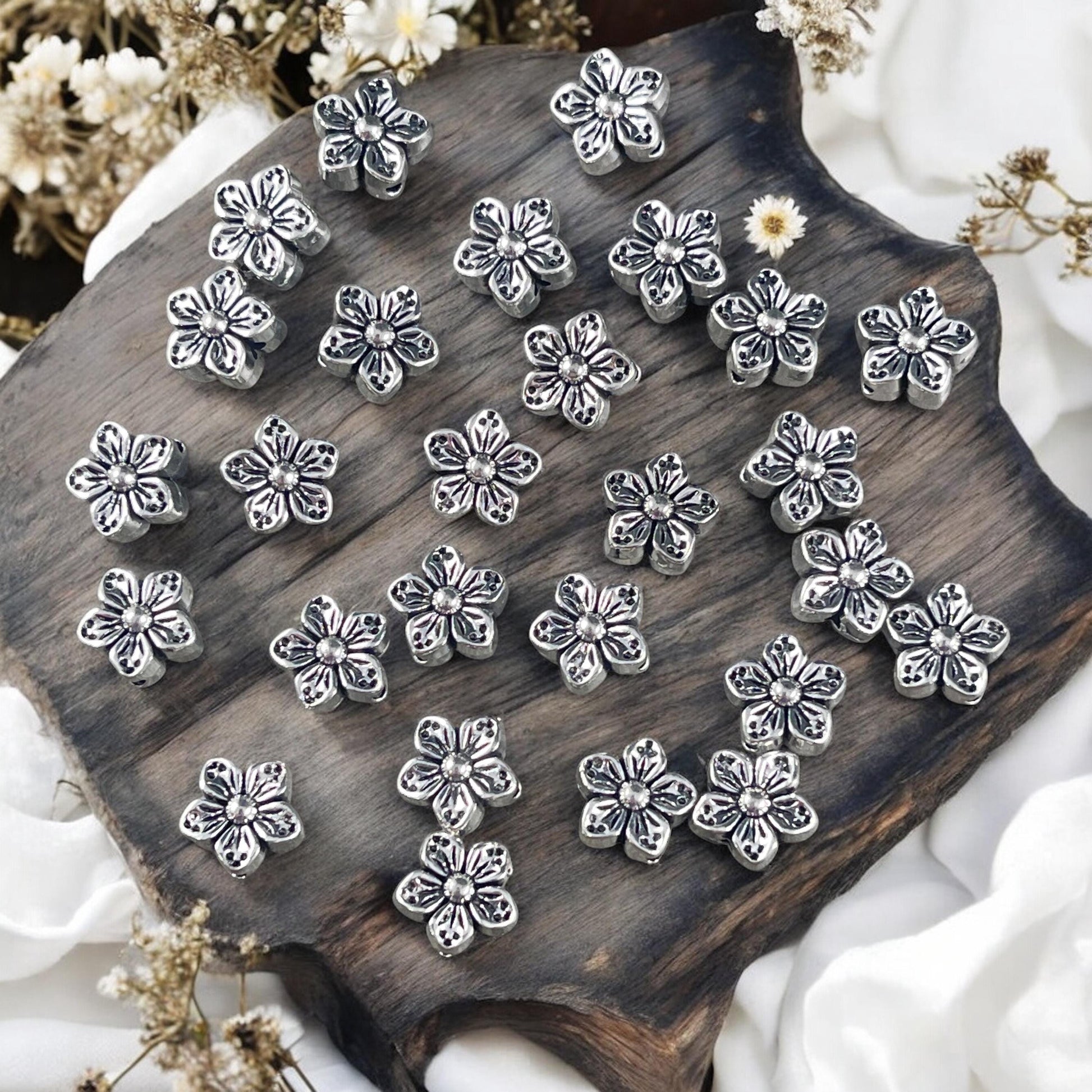 Antiqued Silver Flower Bead, Double Sided 8.5mm Metal Flower, Nature Theme Beads (N005-071) * Qty. 30