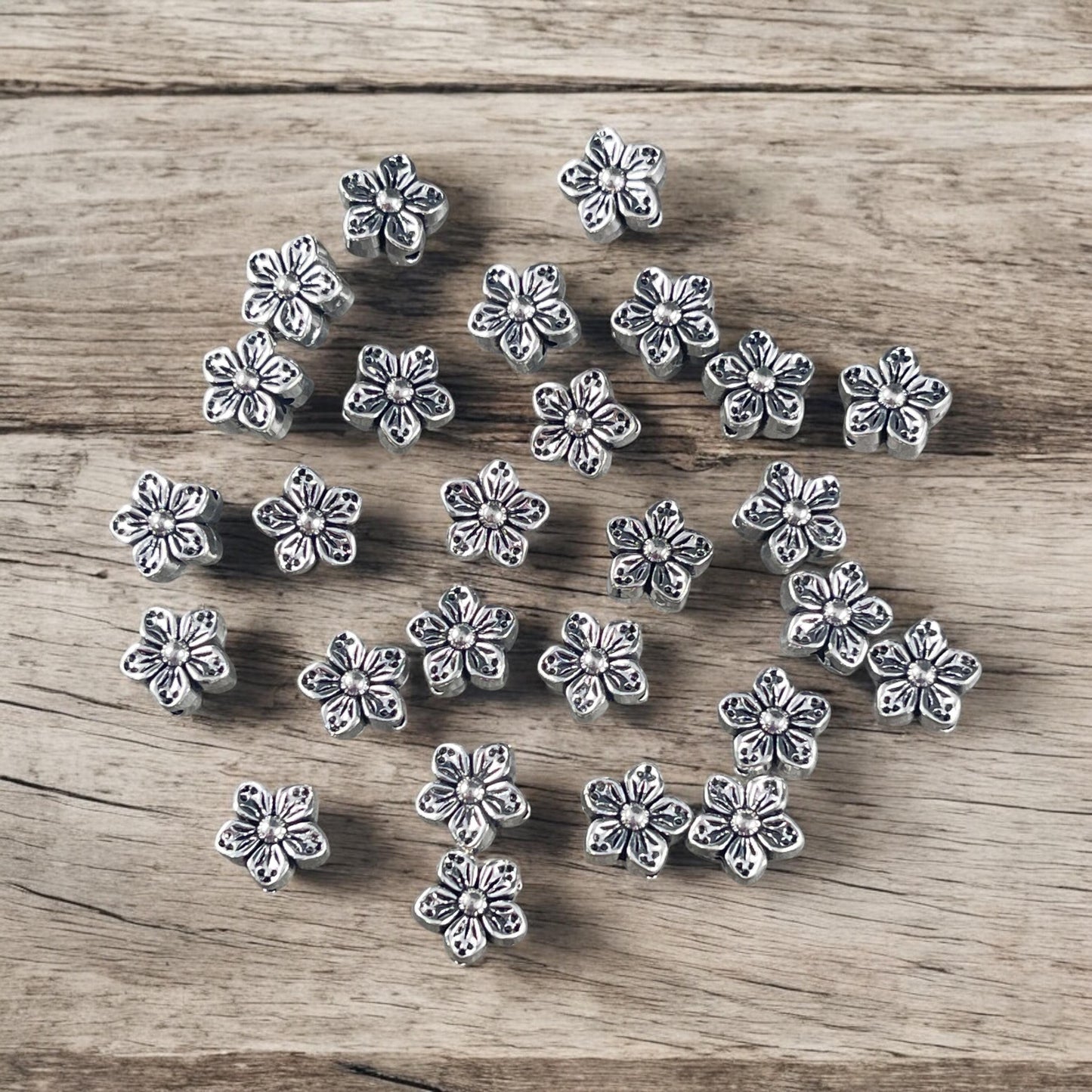 Antiqued Silver Flower Bead, Double Sided 8.5mm Metal Flower, Nature Theme Beads (N005-071) * Qty. 30