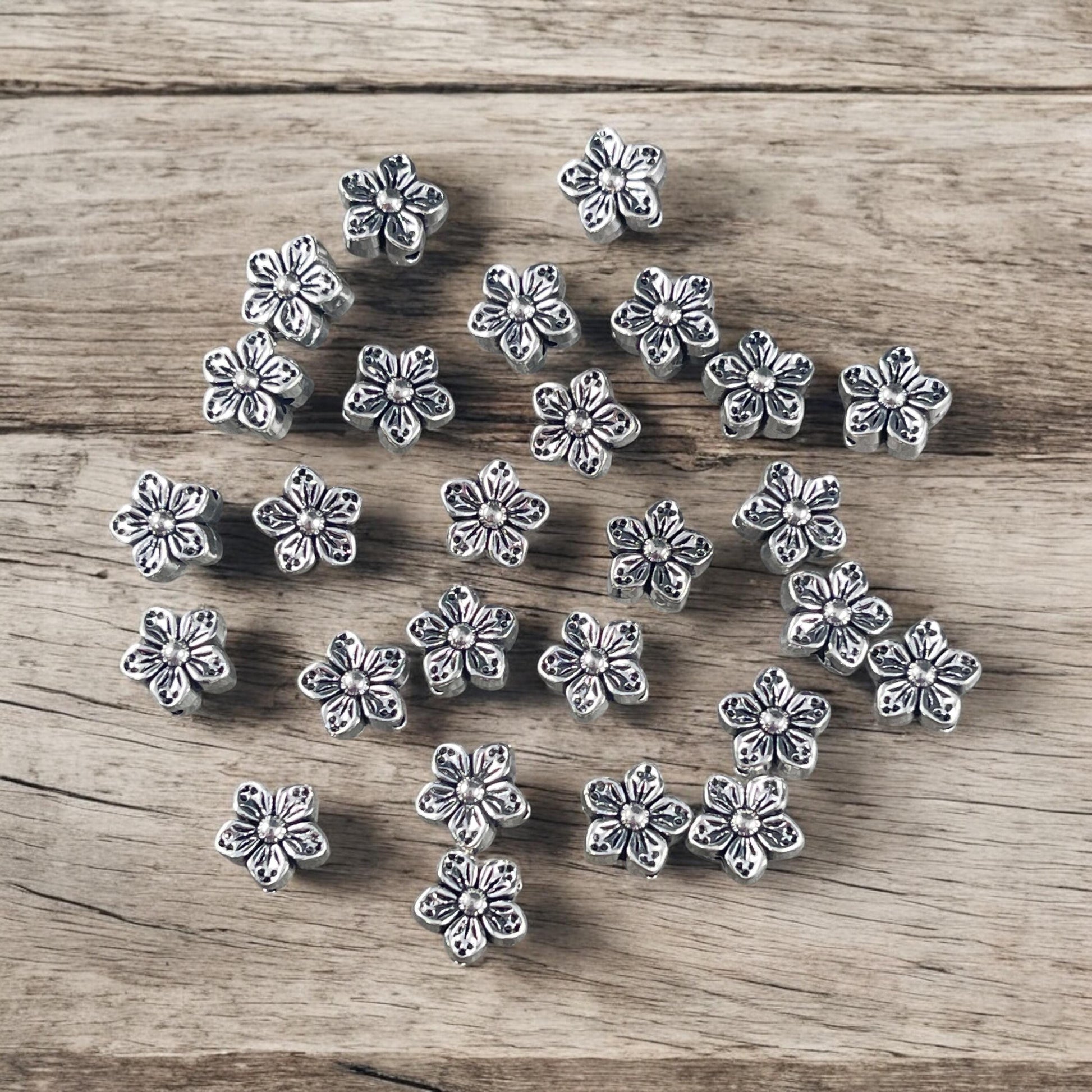 Antiqued Silver Flower Bead, Double Sided 8.5mm Metal Flower, Nature Theme Beads (N005-071) * Qty. 30