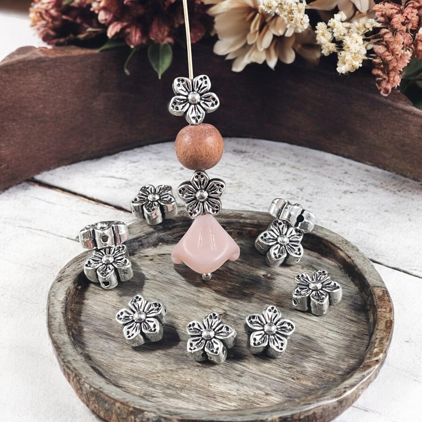 Antiqued Silver Flower Bead, Double Sided 8.5mm Metal Flower, Nature Theme Beads (N005-071) * Qty. 30
