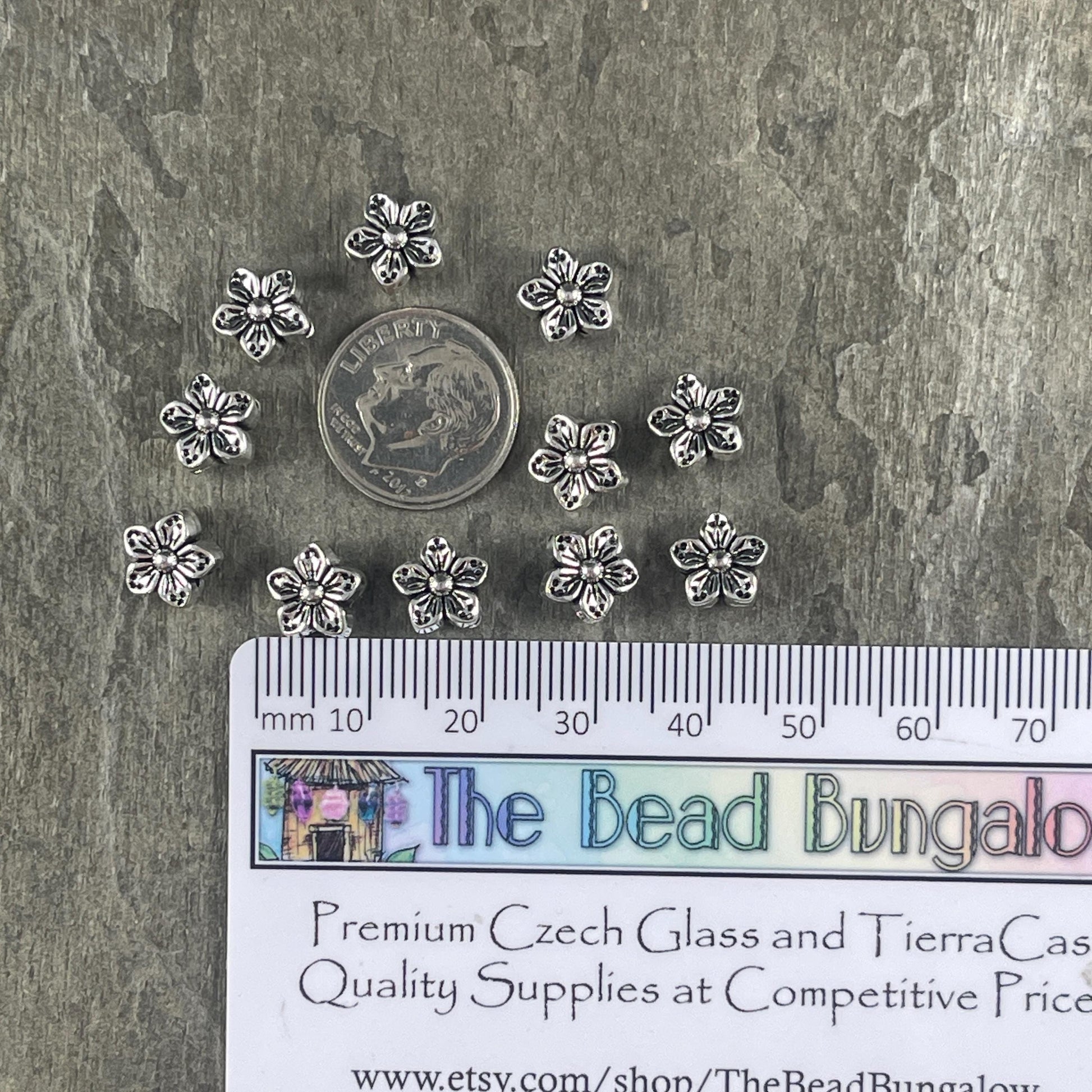 Antiqued Silver Flower Bead, Double Sided 8.5mm Metal Flower, Nature Theme Beads (N005-071) * Qty. 30